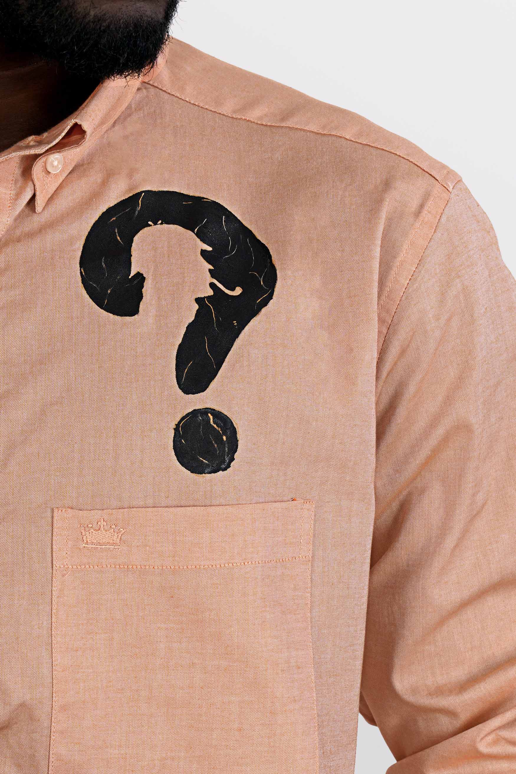 Tangerine Peach and Black Question Mark Hand Painted Royal Oxford Designer Shirt 6384-BD-ART-38, 6384-BD-ART-H-38, 6384-BD-ART-39, 6384-BD-ART-H-39, 6384-BD-ART-40, 6384-BD-ART-H-40, 6384-BD-ART-42, 6384-BD-ART-H-42, 6384-BD-ART-44, 6384-BD-ART-H-44, 6384-BD-ART-46, 6384-BD-ART-H-46, 6384-BD-ART-48, 6384-BD-ART-H-48, 6384-BD-ART-50, 6384-BD-ART-H-50, 6384-BD-ART-52, 6384-BD-ART-H-52