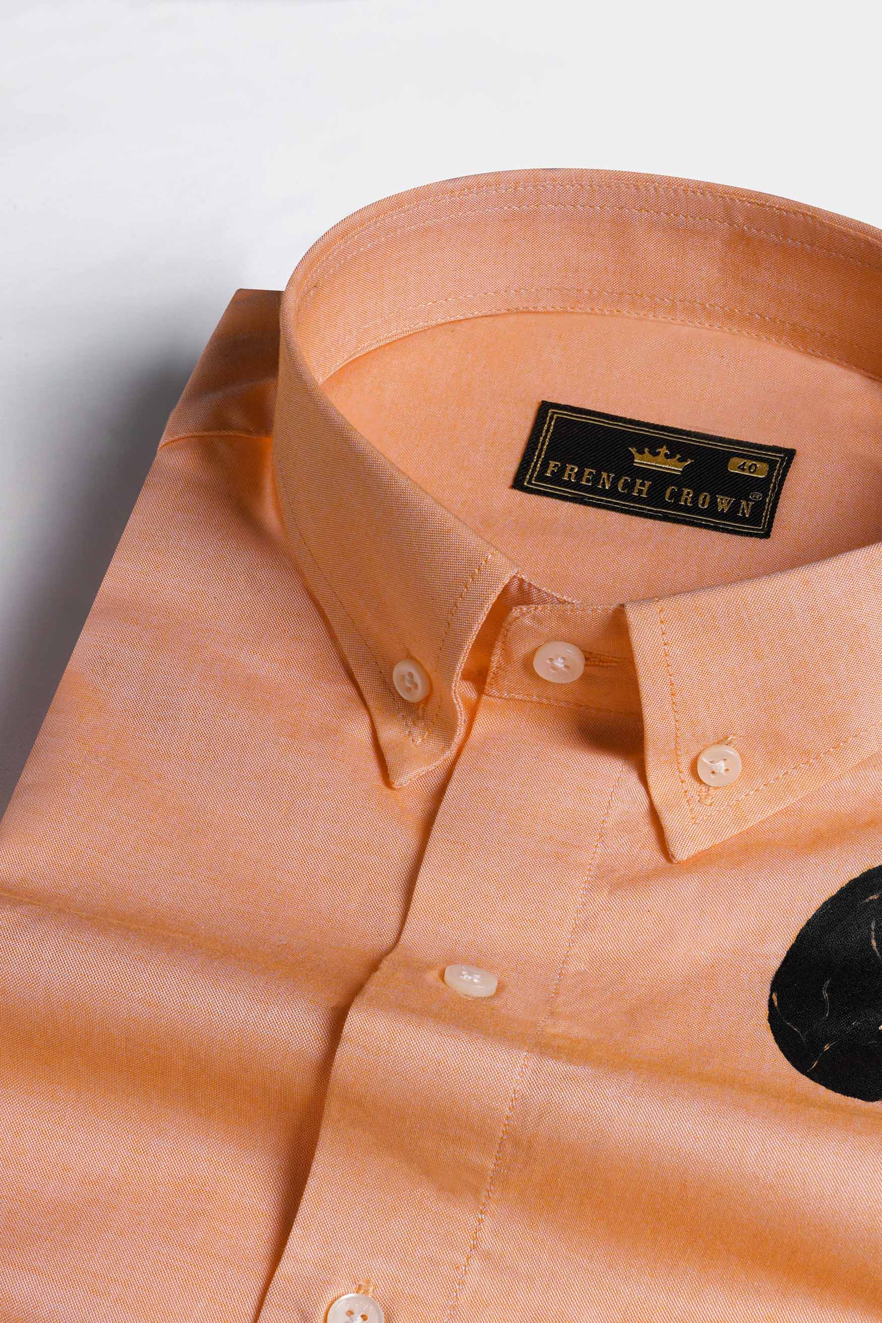 Tangerine Peach and Black Question Mark Hand Painted Royal Oxford Designer Shirt 6384-BD-ART-38, 6384-BD-ART-H-38, 6384-BD-ART-39, 6384-BD-ART-H-39, 6384-BD-ART-40, 6384-BD-ART-H-40, 6384-BD-ART-42, 6384-BD-ART-H-42, 6384-BD-ART-44, 6384-BD-ART-H-44, 6384-BD-ART-46, 6384-BD-ART-H-46, 6384-BD-ART-48, 6384-BD-ART-H-48, 6384-BD-ART-50, 6384-BD-ART-H-50, 6384-BD-ART-52, 6384-BD-ART-H-52