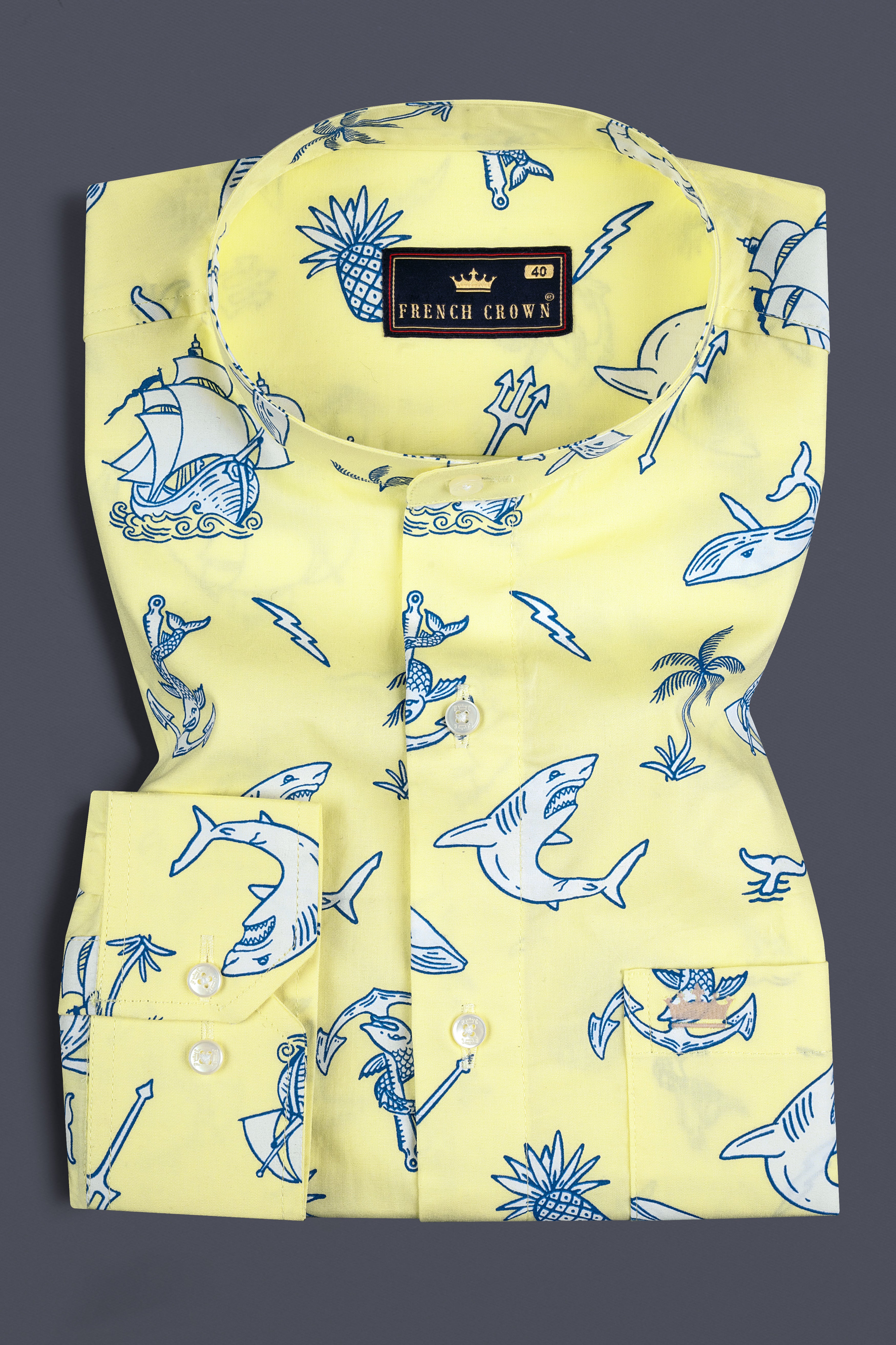 Shalimar Yellow Aqua Life Printed Twill Textured Premium Cotton Shirt