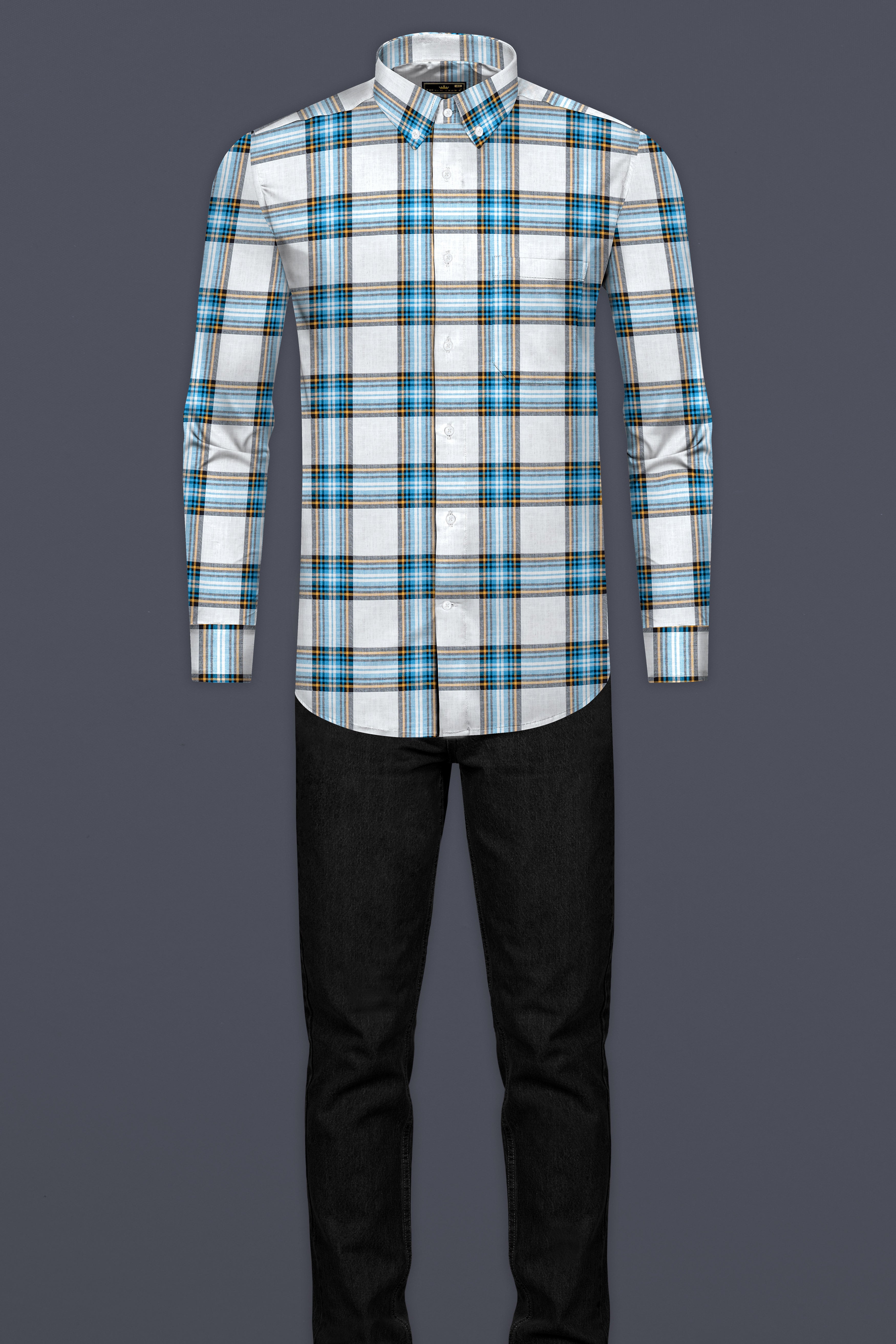 Eastern Blue and White Twill Plaid Premium Cotton Shirt