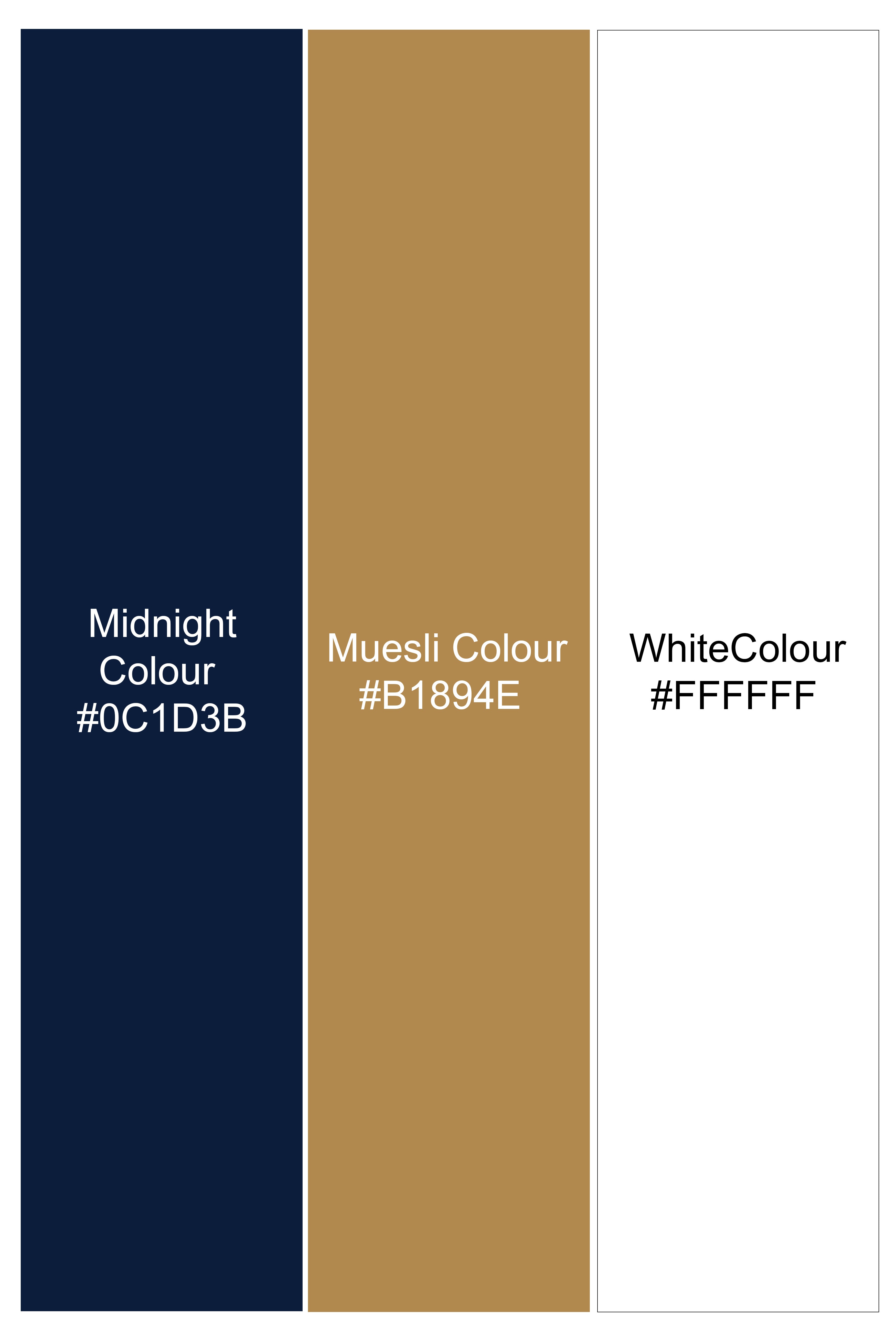 Bright White with Muesli Brown and Midnight Blue Funky Printed Twill Premium Cotton Designer Shirt