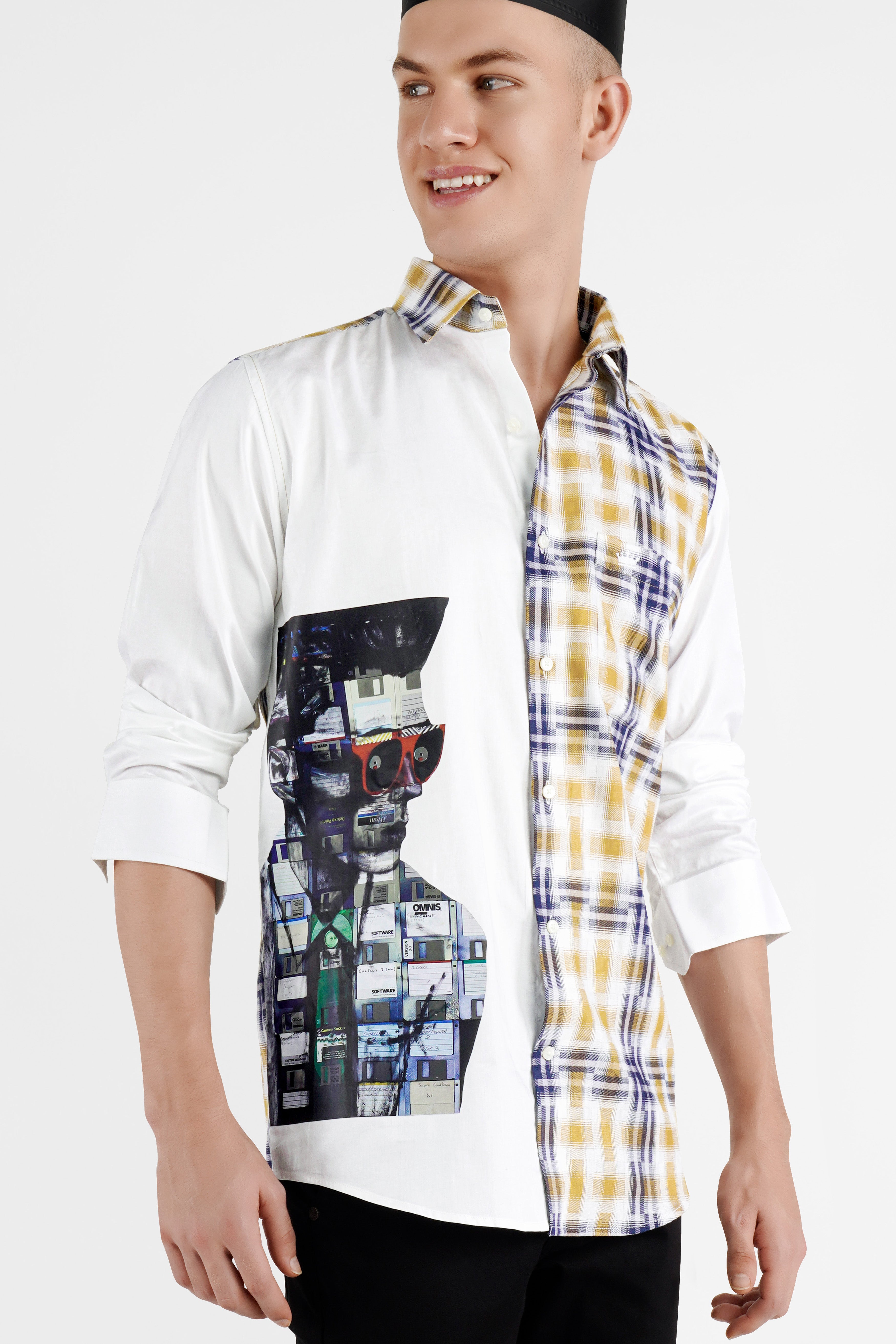 Bright White with Muesli Brown and Midnight Blue Funky Printed Twill Premium Cotton Designer Shirt