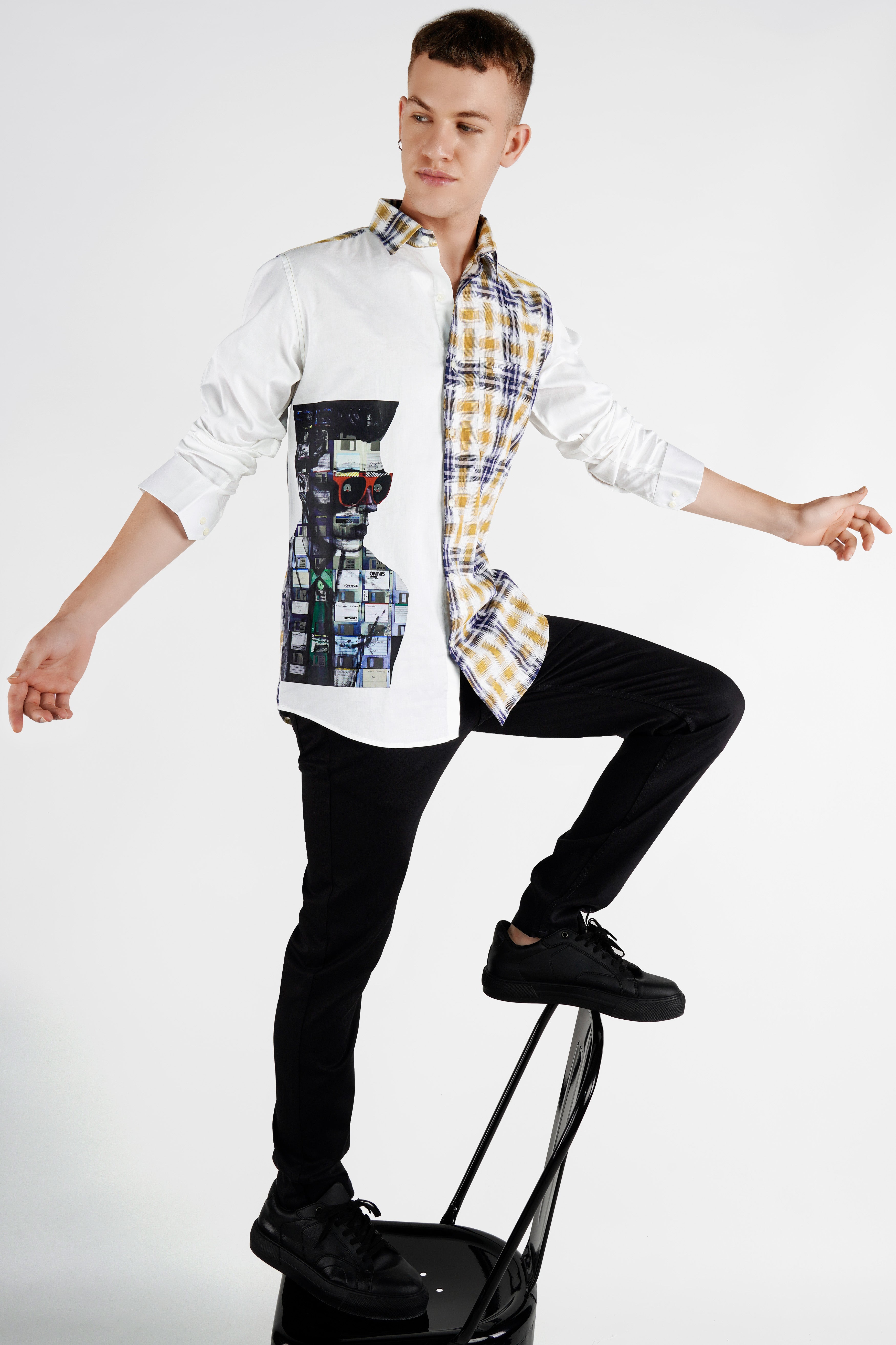 Bright White with Muesli Brown and Midnight Blue Funky Printed Twill Premium Cotton Designer Shirt