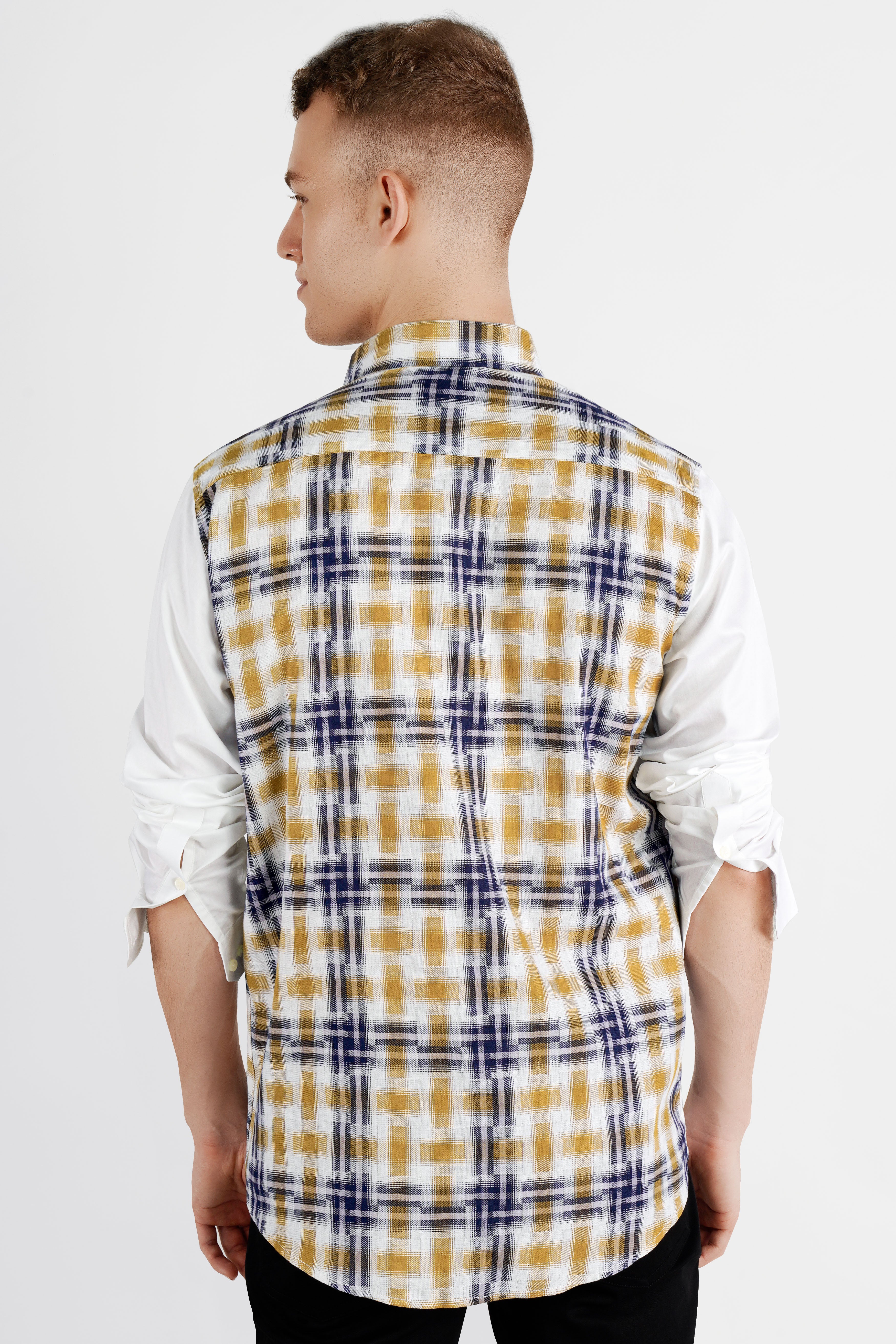 Bright White with Muesli Brown and Midnight Blue Funky Printed Twill Premium Cotton Designer Shirt