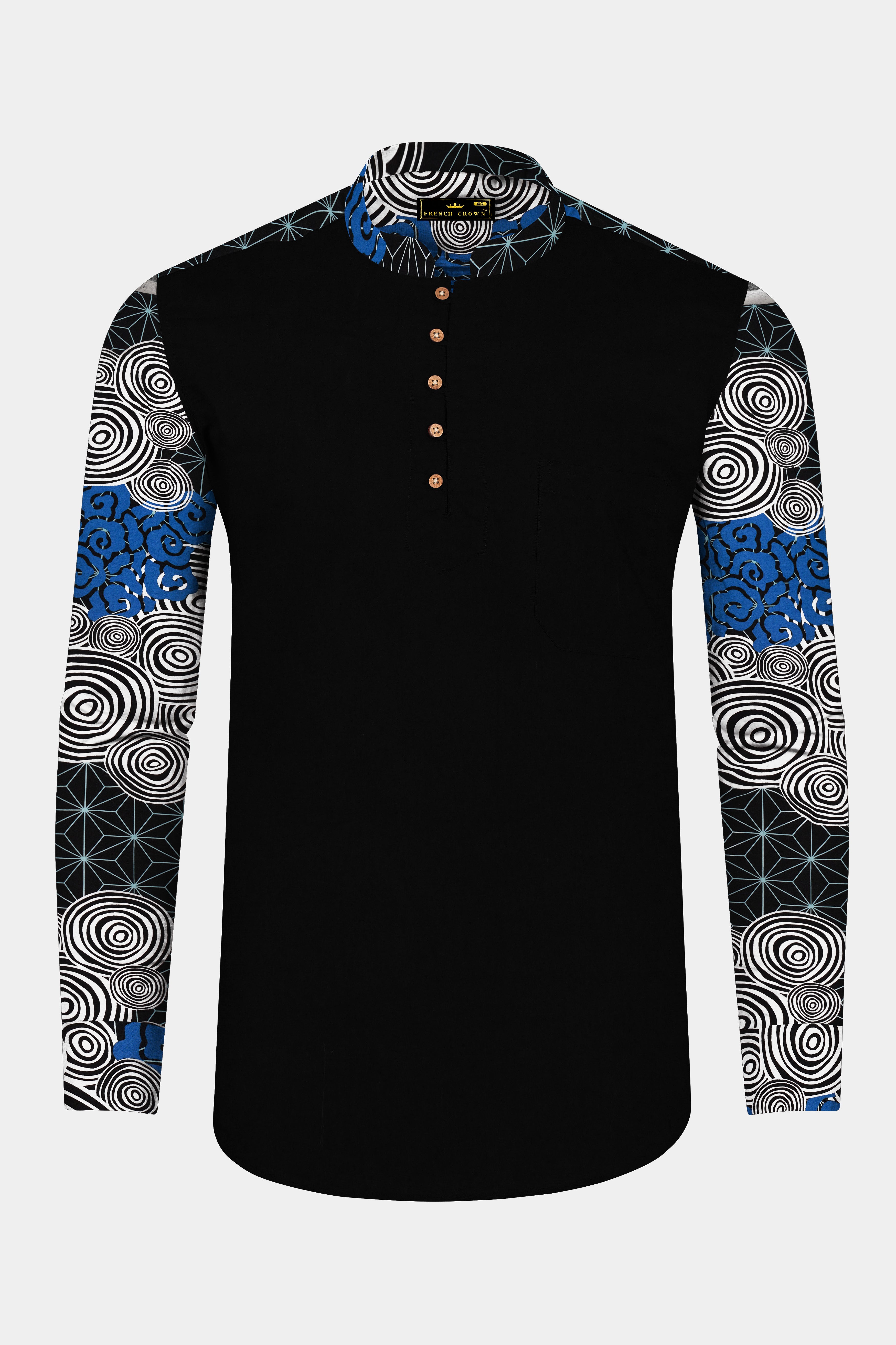 Jade Black with Galactic Printed sleeves and Collar Premium Cotton Kurta Shirt