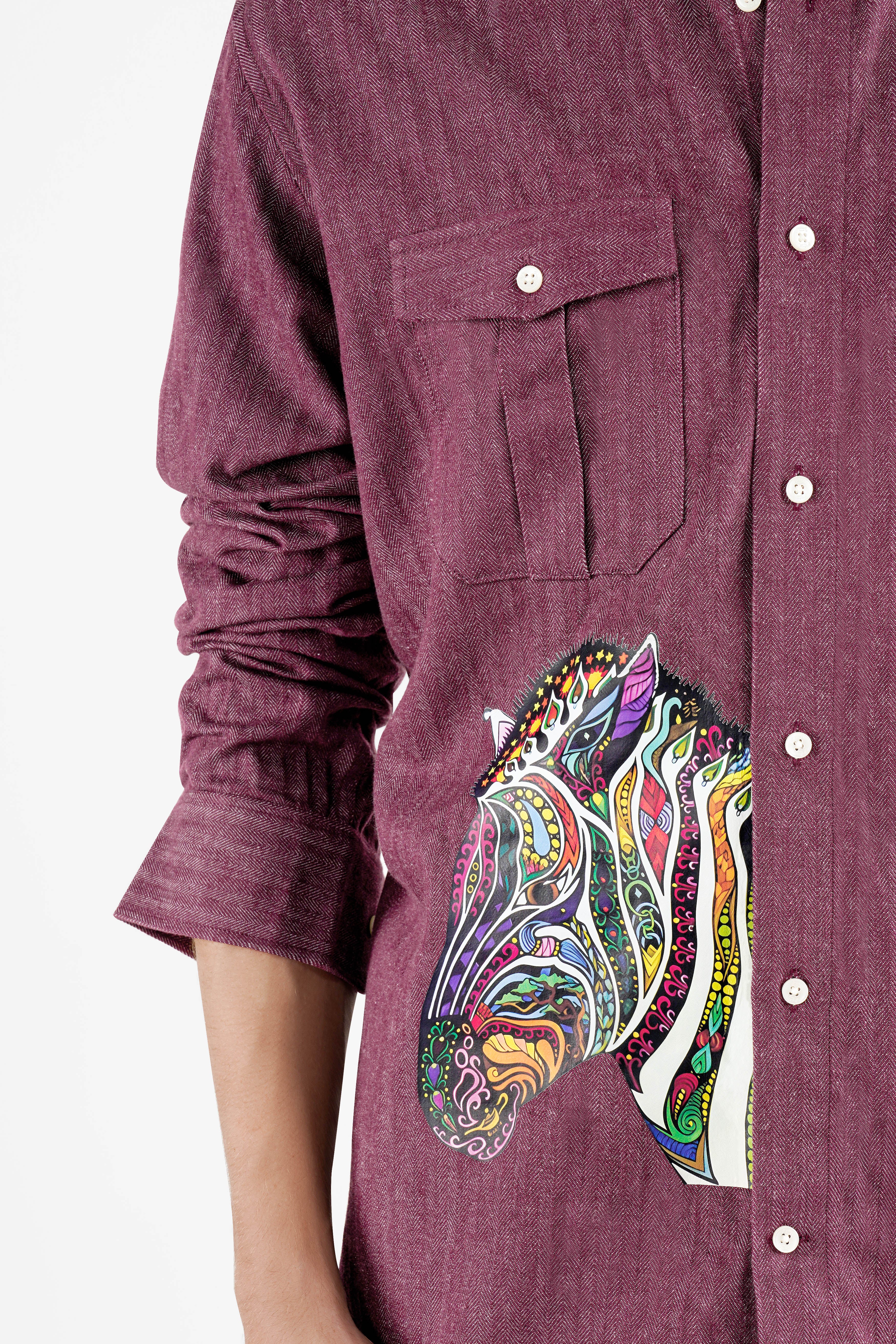 Finn Brown Horse Printed Herringbone Button-Down Designer Shirt