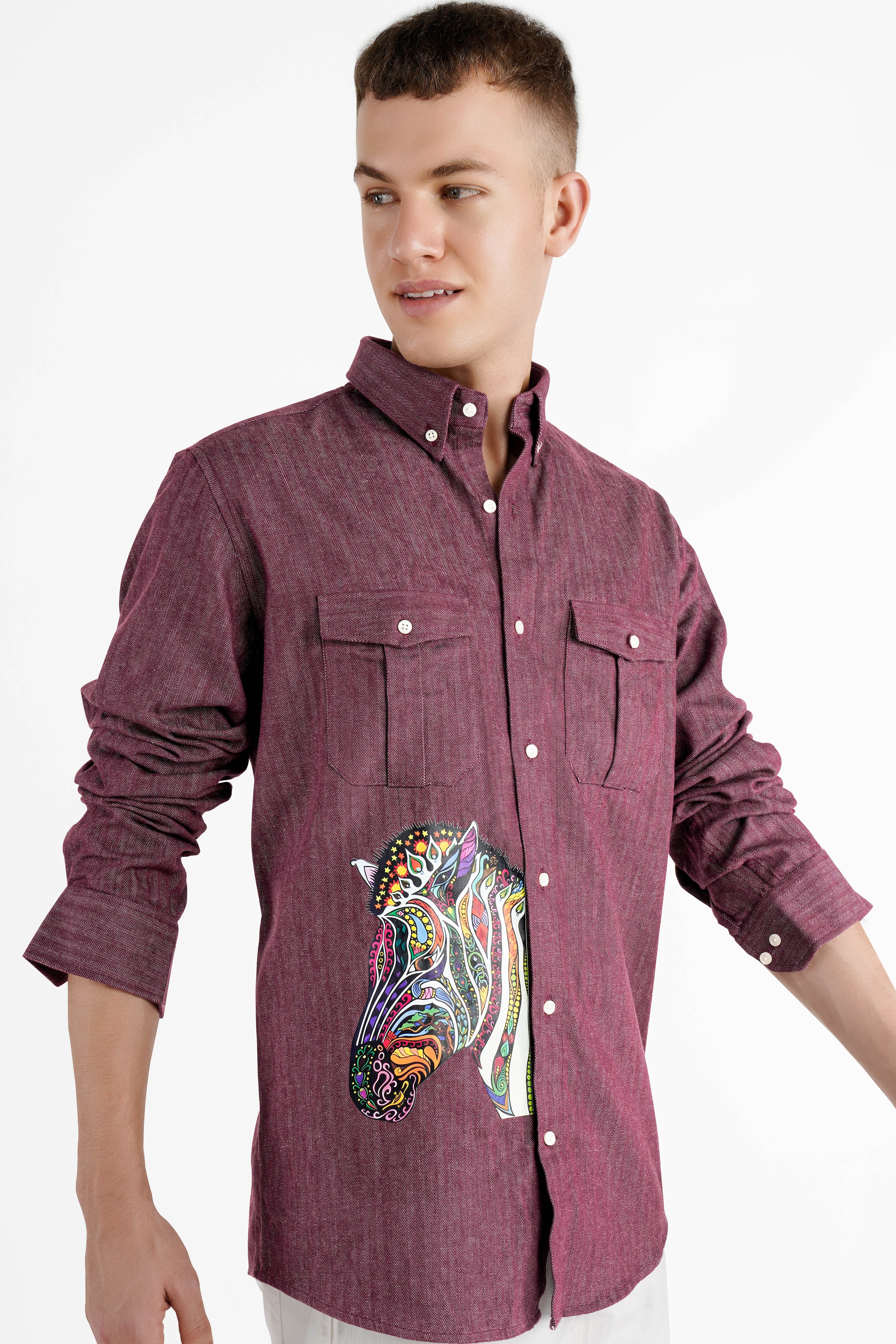 Finn Brown Horse Printed Herringbone Button-Down Designer Shirt