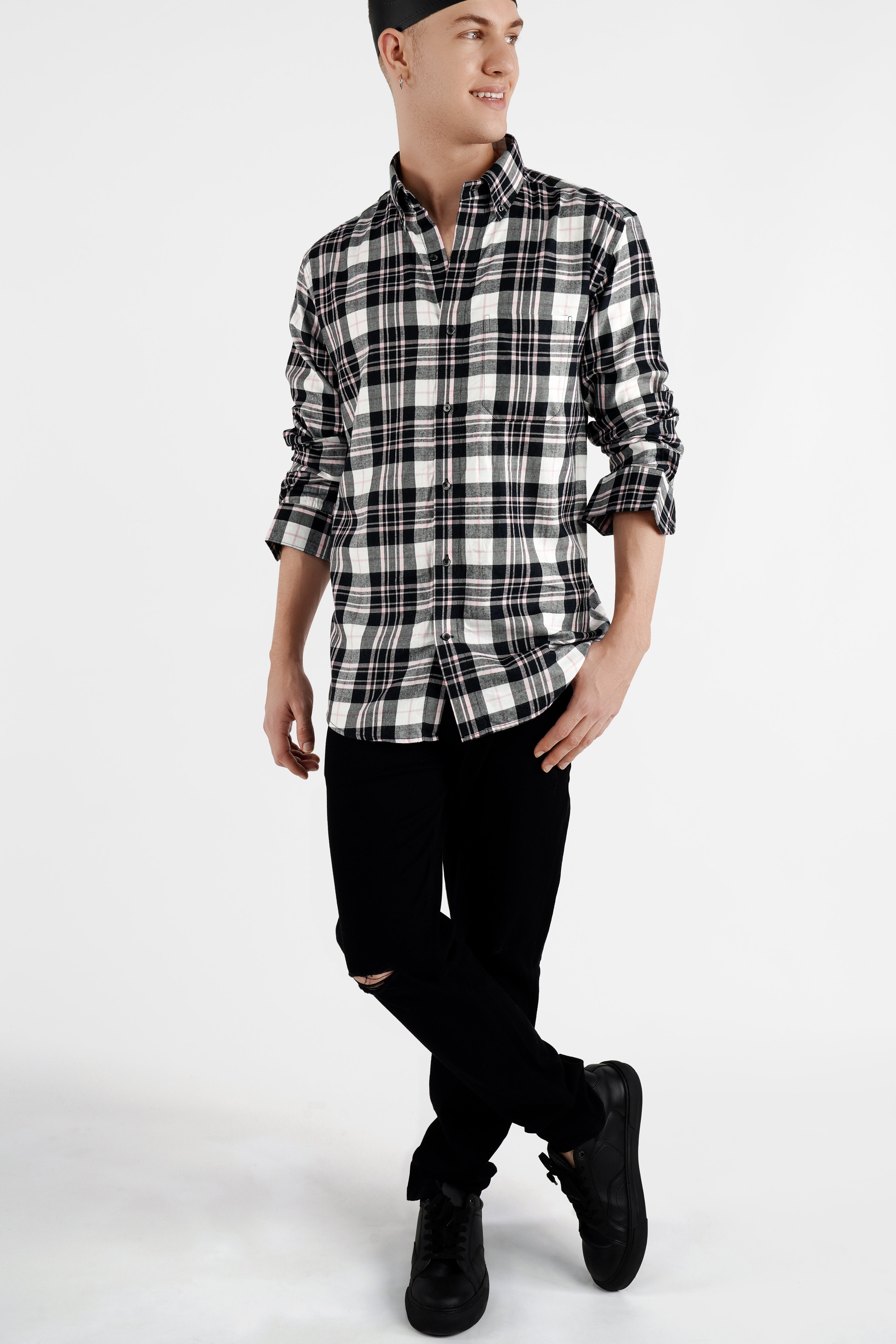 Jade Black with Pastel Pink Checkered with Funky Printed Flannel Designer Shirt