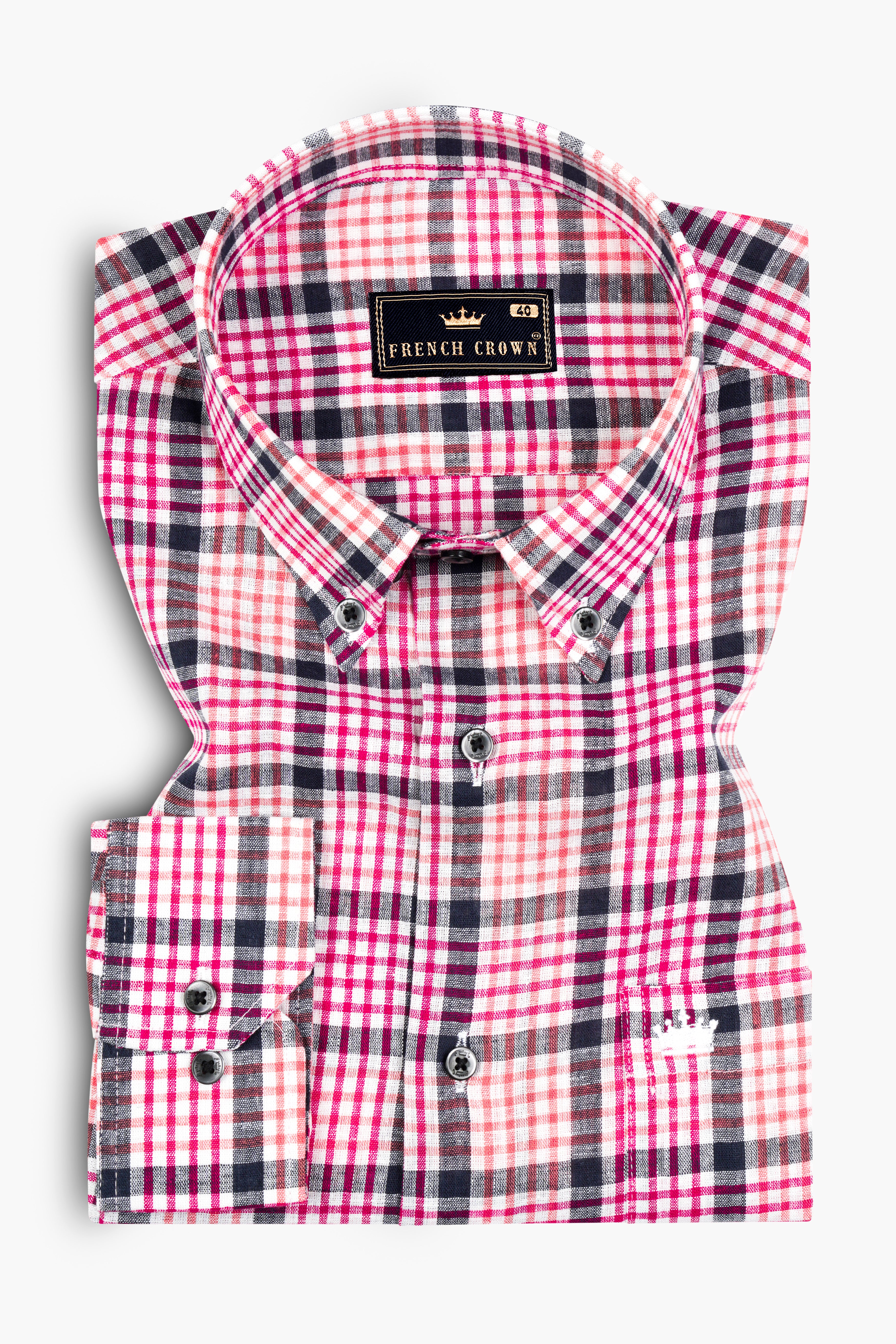 White and Bittersweet Peach Multicolour Plaid Luxurious Linen Shirt