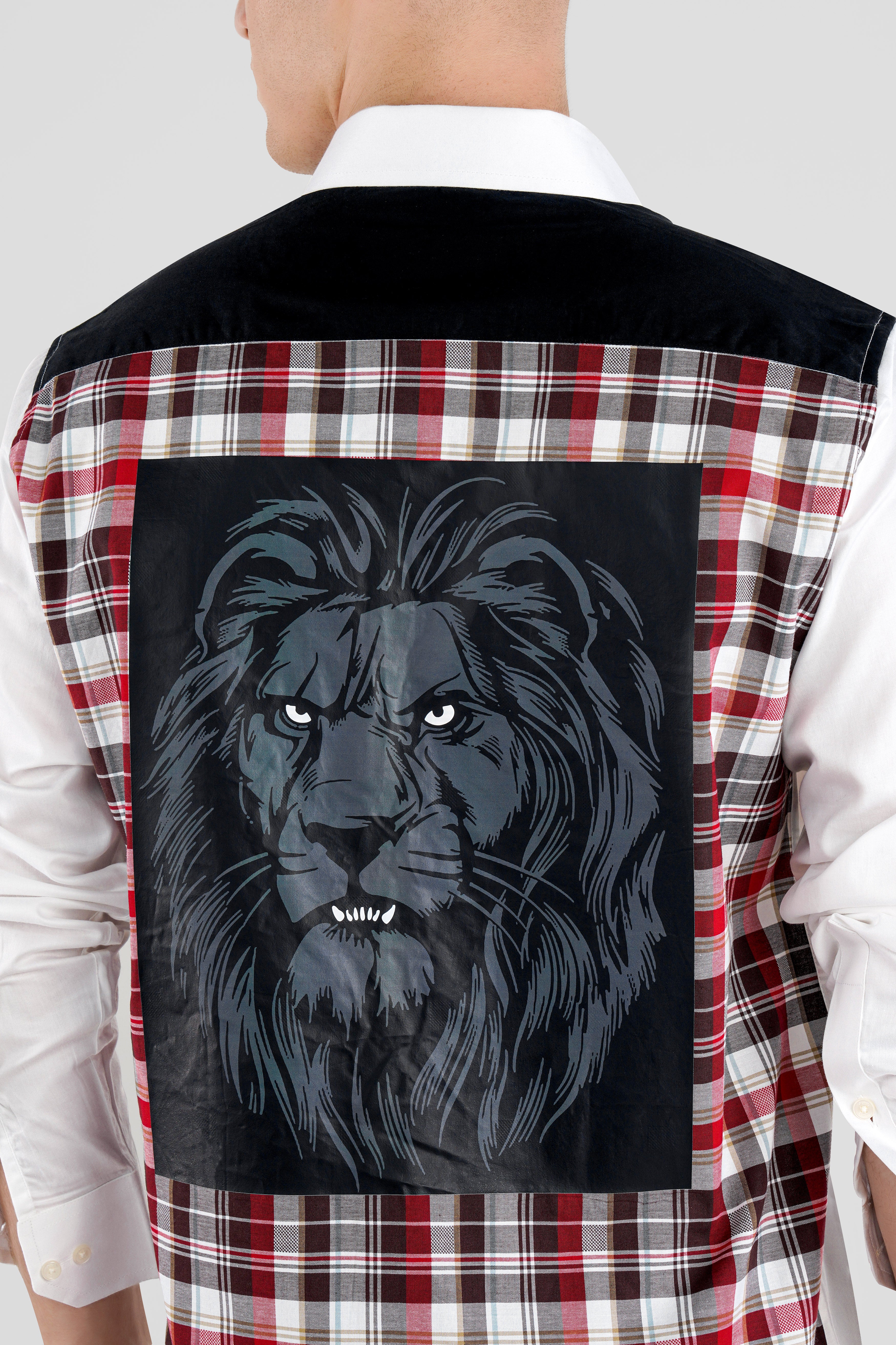 Bright White and Persian Plum Red Checkered with Lion Printed Super Soft Premium Cotton Designer Shirt