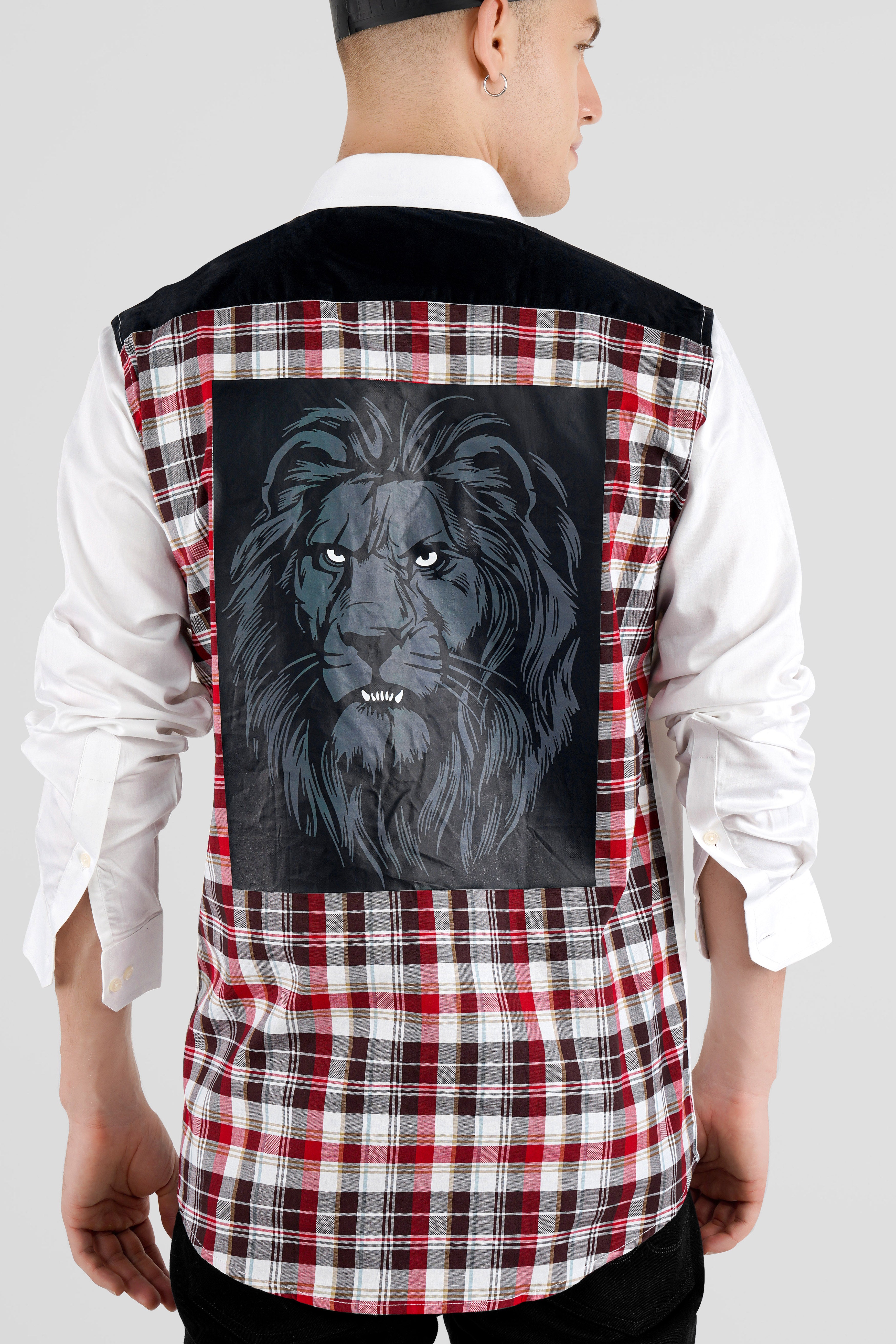 Bright White and Persian Plum Red Checkered with Lion Printed Super Soft Premium Cotton Designer Shirt