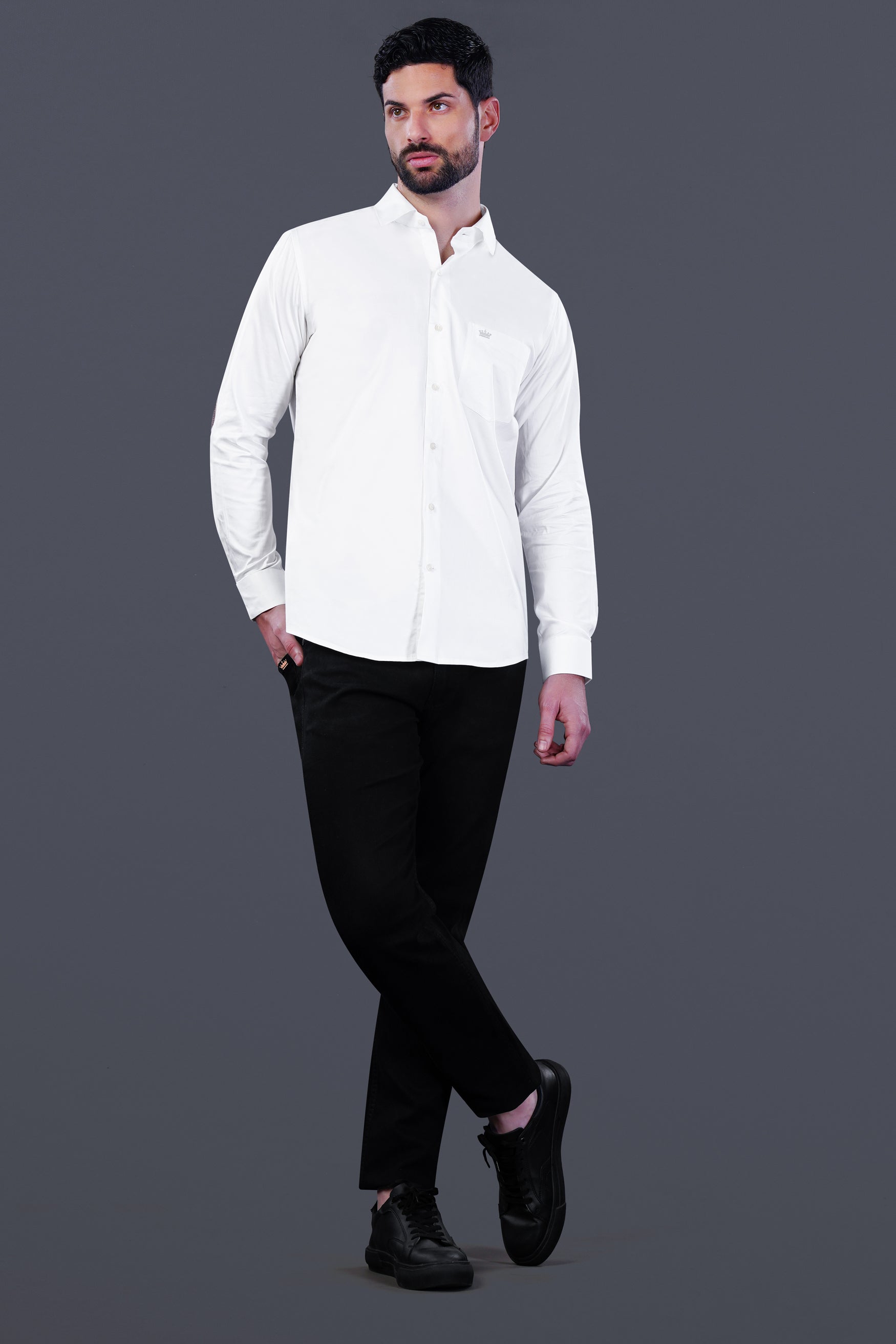 Bright White Subtle Sheen with leather elbow patch Super Soft Premium Cotton Shirt