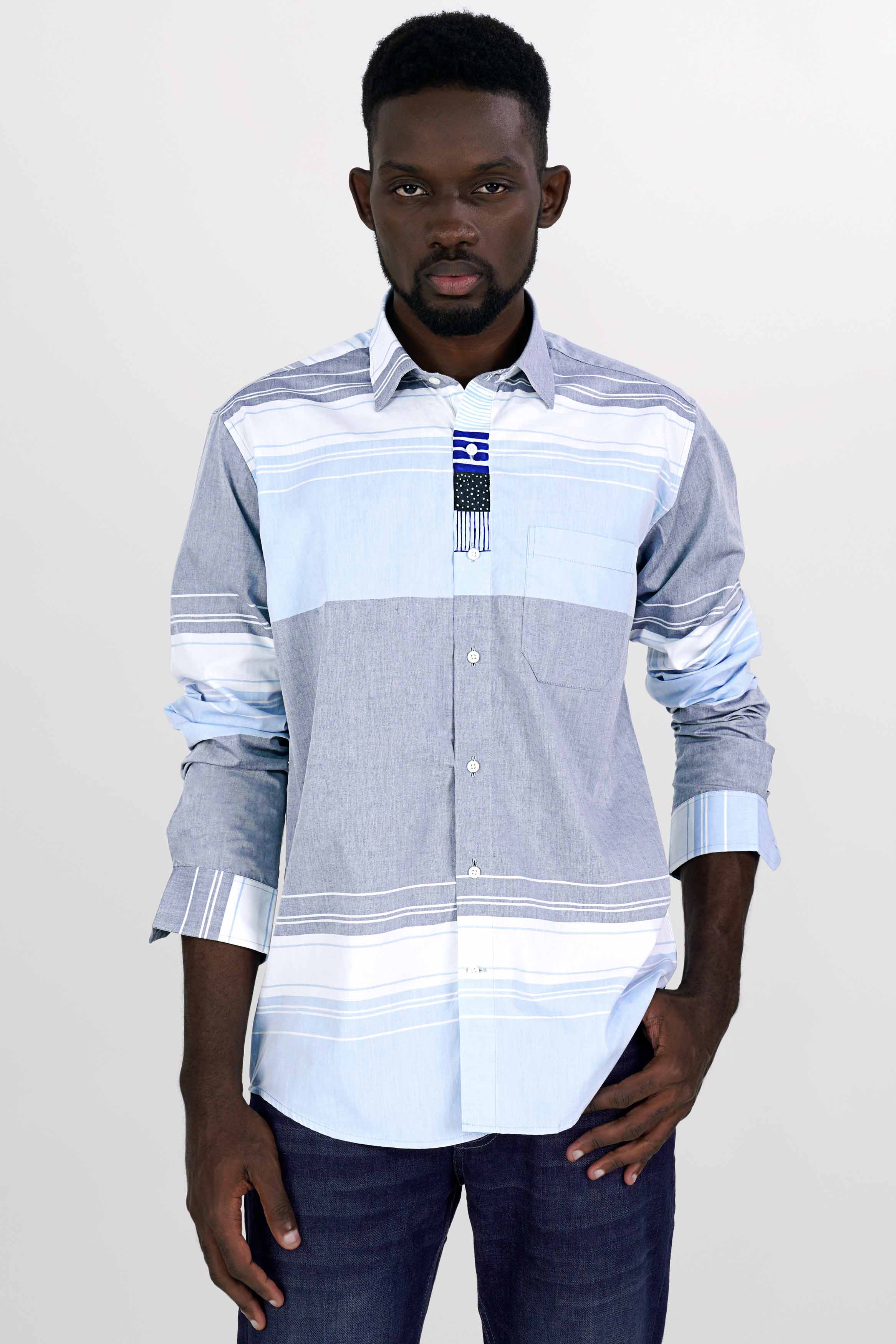Platinum Blue and Aluminium Gray Striped with Hand Painted Premium Cotton Designer Shirt 6832-ART-38, 6832-ART-H-38, 6832-ART-39, 6832-ART-H-39, 6832-ART-40, 6832-ART-H-40, 6832-ART-42, 6832-ART-H-42, 6832-ART-44, 6832-ART-H-44, 6832-ART-46, 6832-ART-H-46, 6832-ART-48, 6832-ART-H-48, 6832-ART-50, 6832-ART-H-50, 6832-ART-52, 6832-ART-H-52