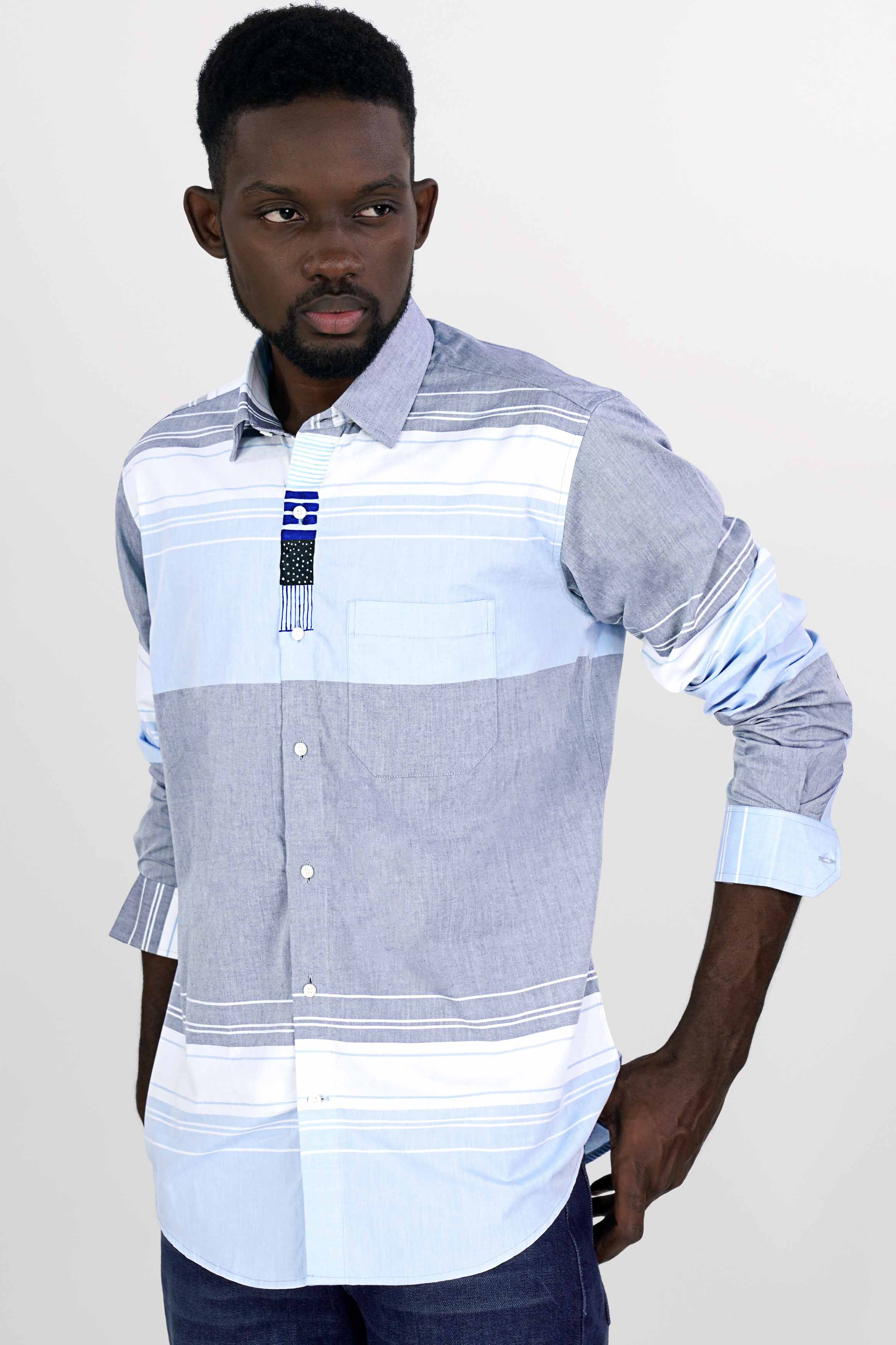 Platinum Blue and Aluminium Gray Striped with Hand Painted Premium Cotton Designer Shirt 6832-ART-38, 6832-ART-H-38, 6832-ART-39, 6832-ART-H-39, 6832-ART-40, 6832-ART-H-40, 6832-ART-42, 6832-ART-H-42, 6832-ART-44, 6832-ART-H-44, 6832-ART-46, 6832-ART-H-46, 6832-ART-48, 6832-ART-H-48, 6832-ART-50, 6832-ART-H-50, 6832-ART-52, 6832-ART-H-52