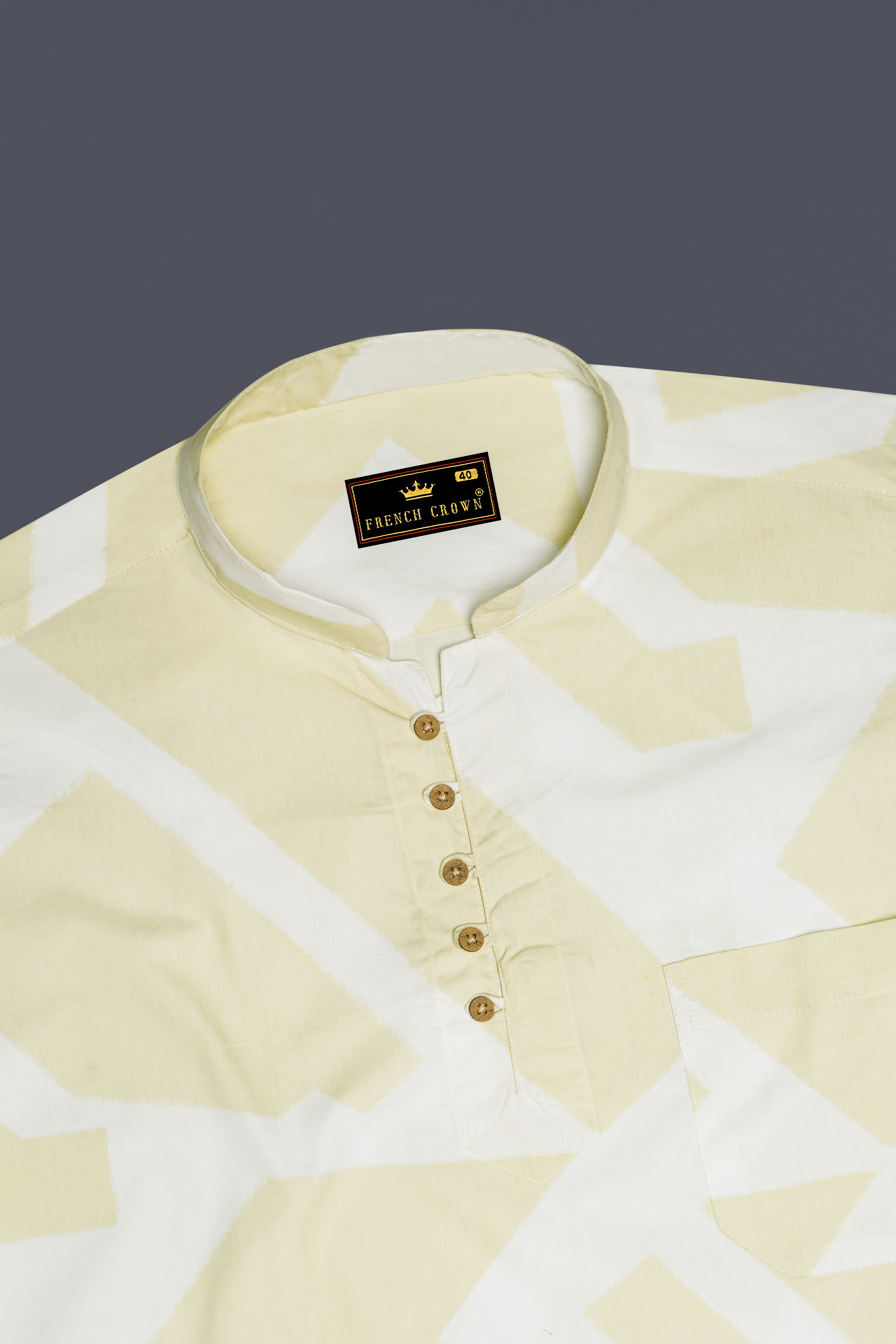 Colonial yellow and White abstract Printed Twill Premium Cotton Kurta Shirt