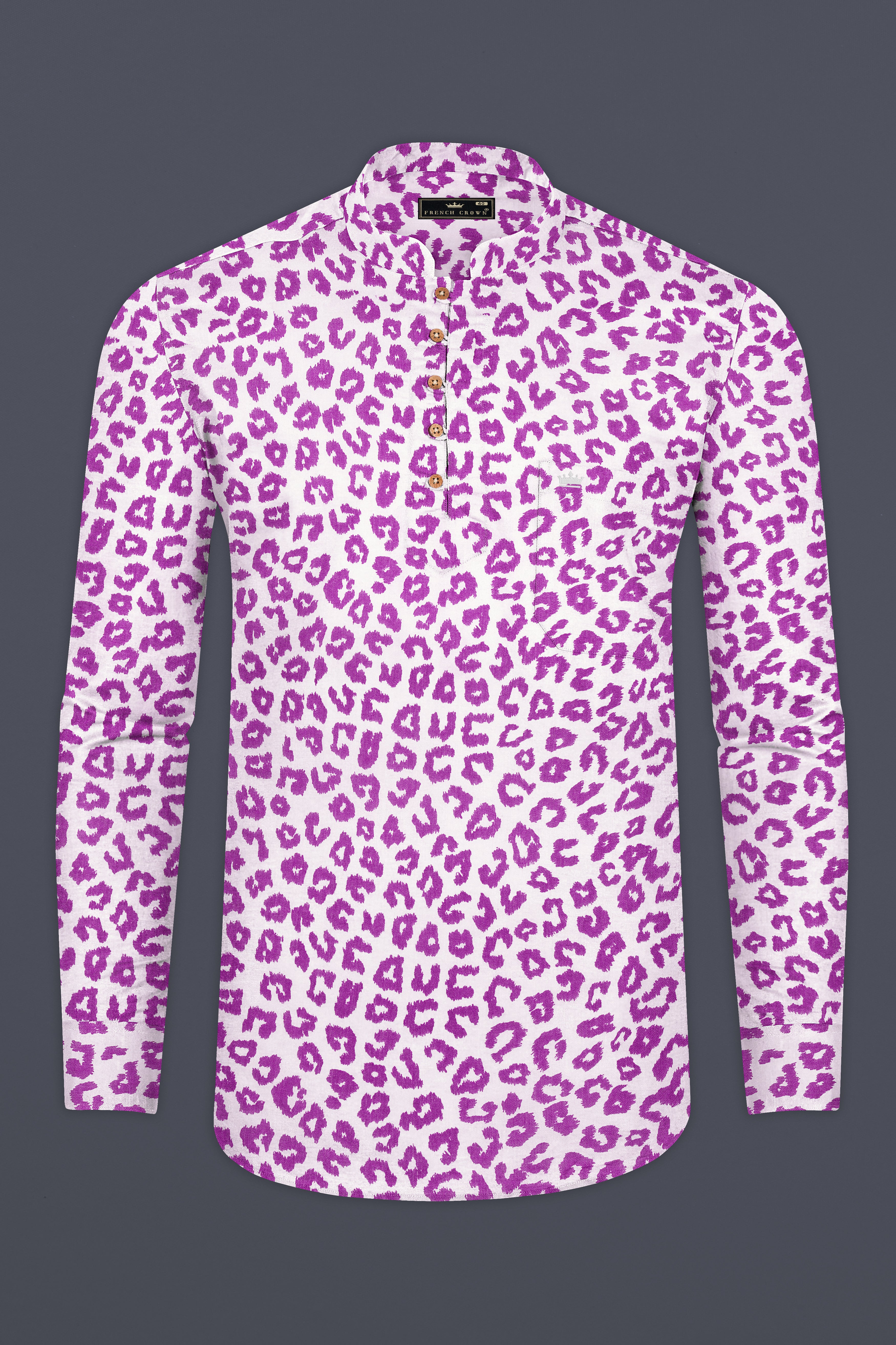 Bright White with Tapestry Pink Cheetah Printed Lightweight Premium Tencel Kurta Shirt