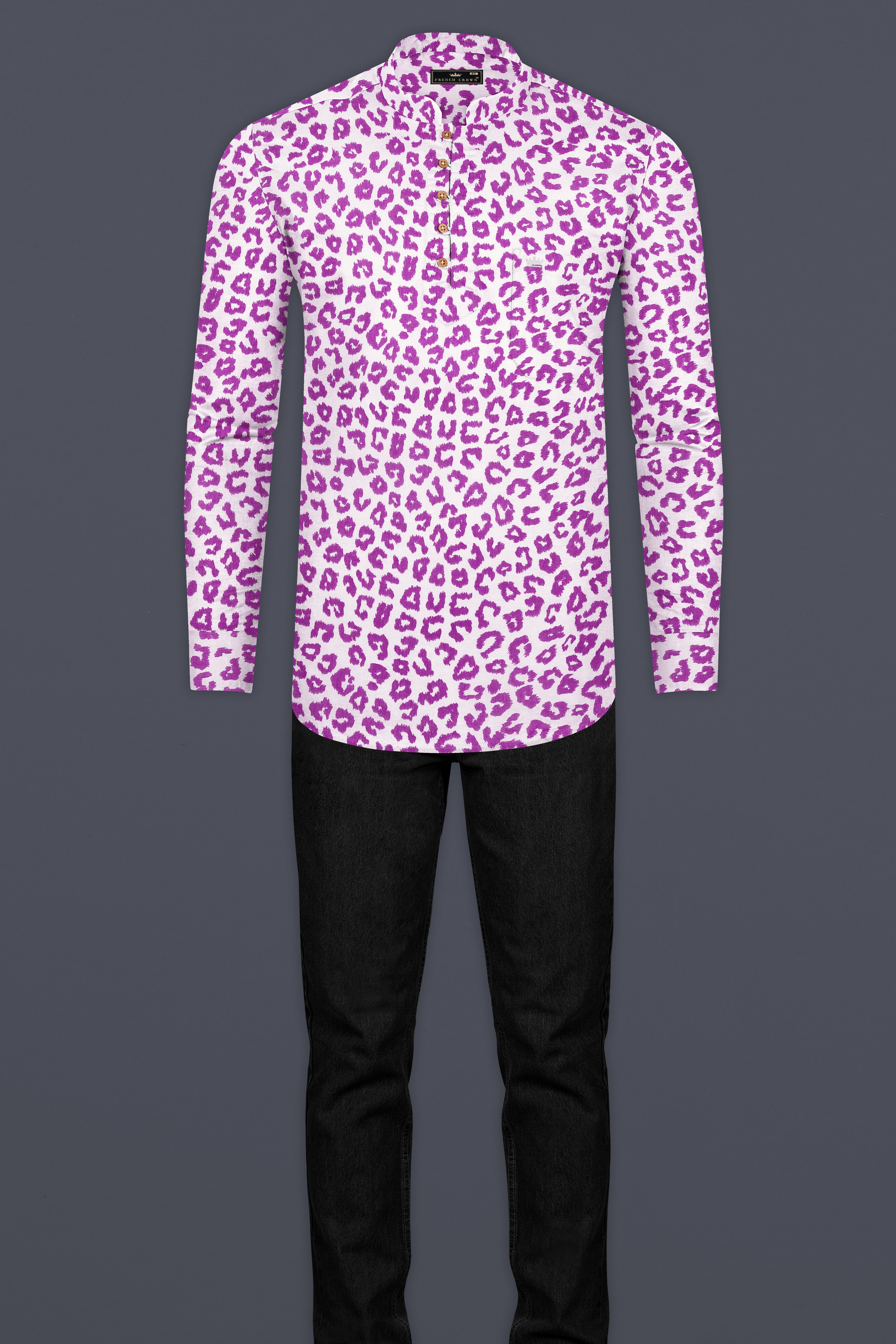 Bright White with Tapestry Pink Cheetah Printed Lightweight Premium Tencel Kurta Shirt
