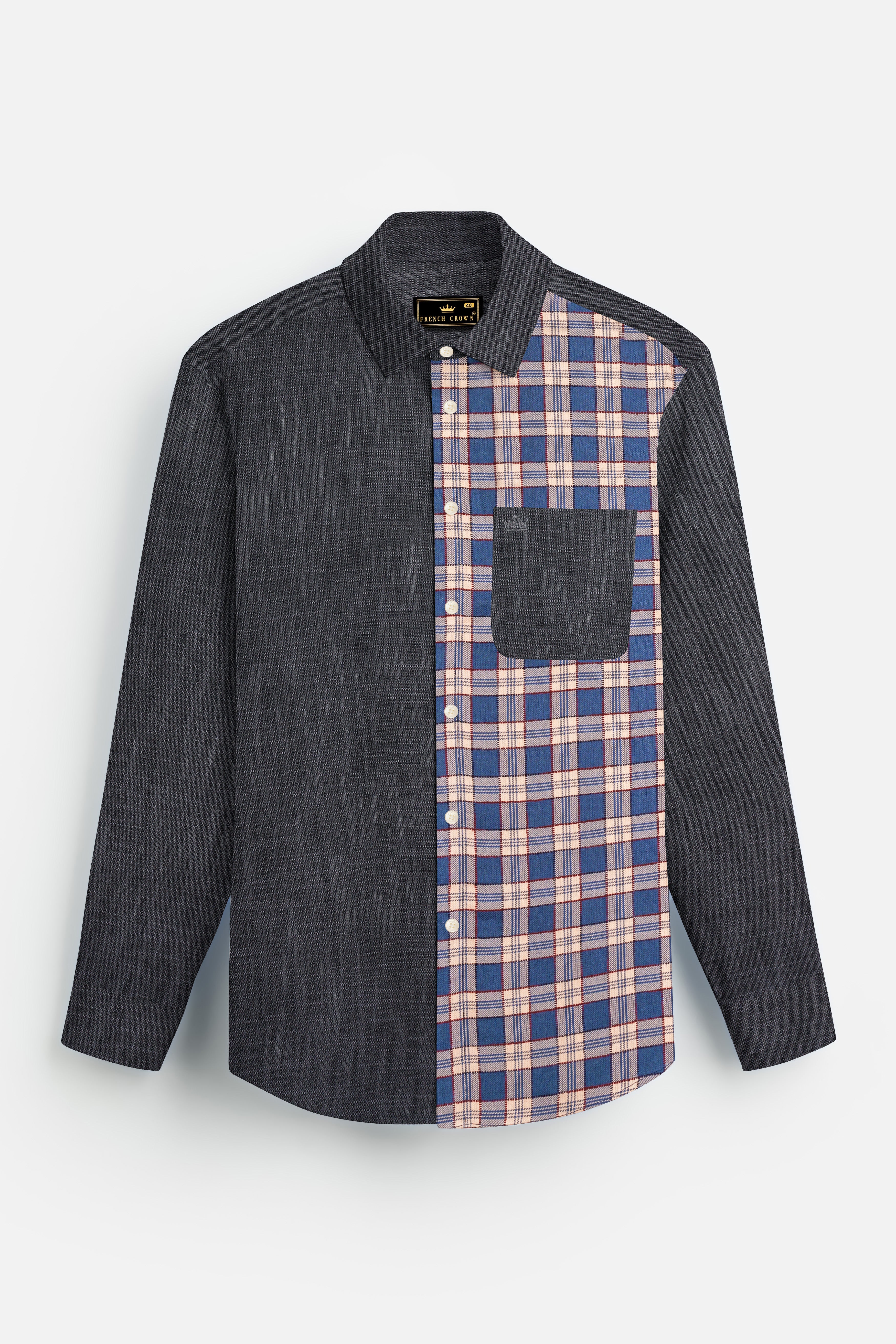 Half Thunder Gray and Half Plaid Dobby Textured Premium Giza Cotton Shirt