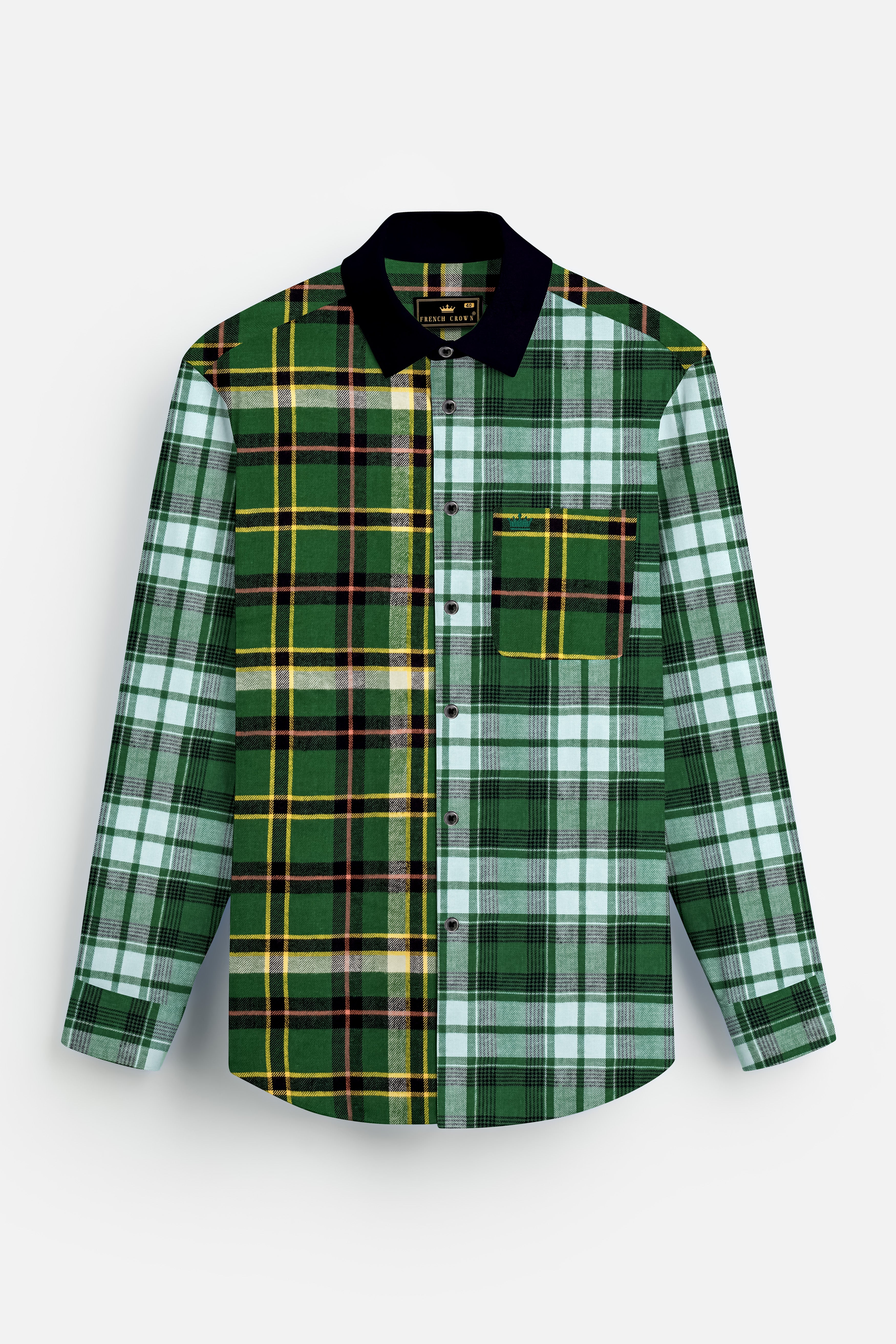 Eucalyptus Green Multicolor Plaid with Black Collar Designer Shirt