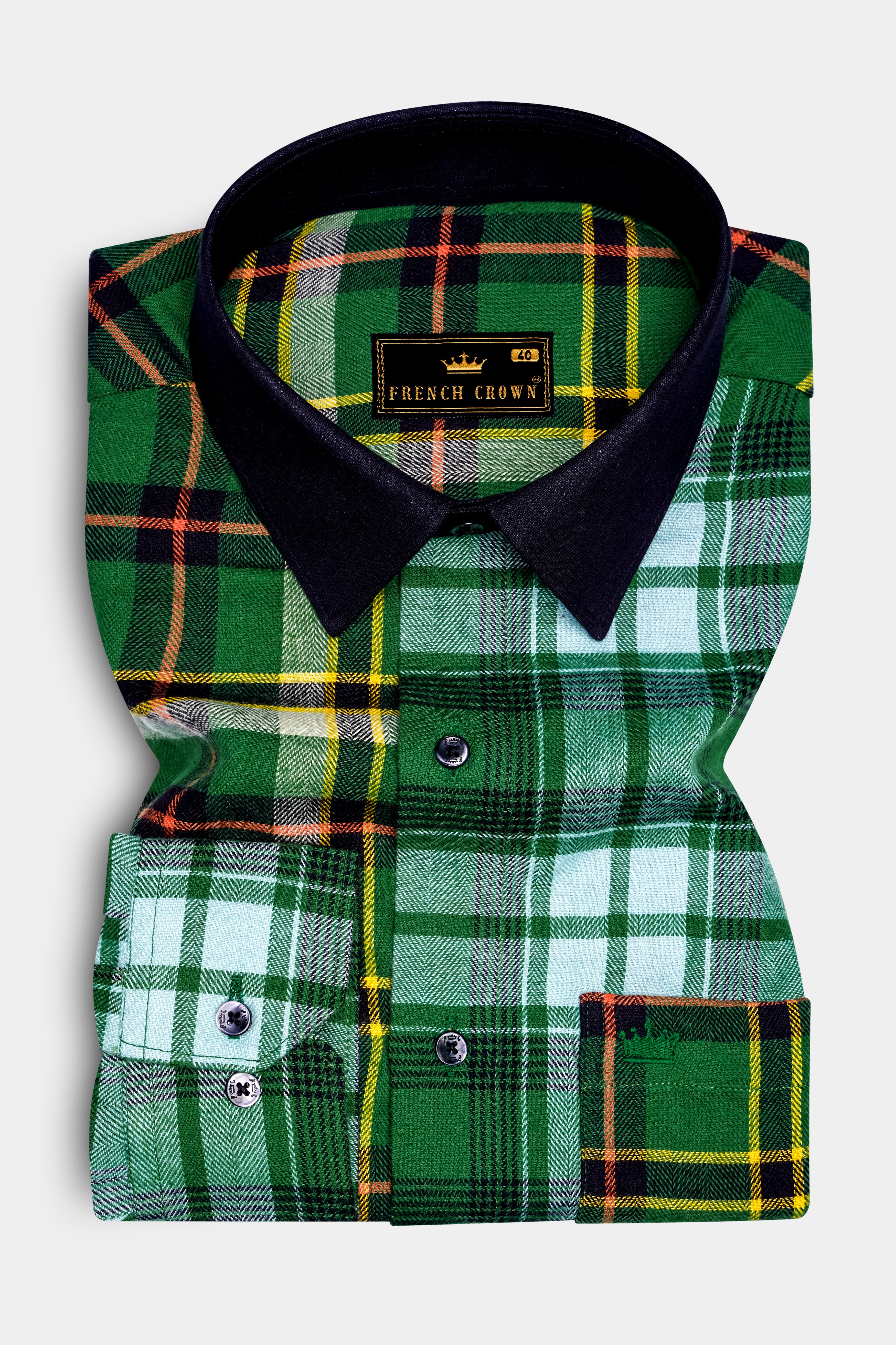 Eucalyptus Green Multicolor Plaid with Black Collar Designer Shirt