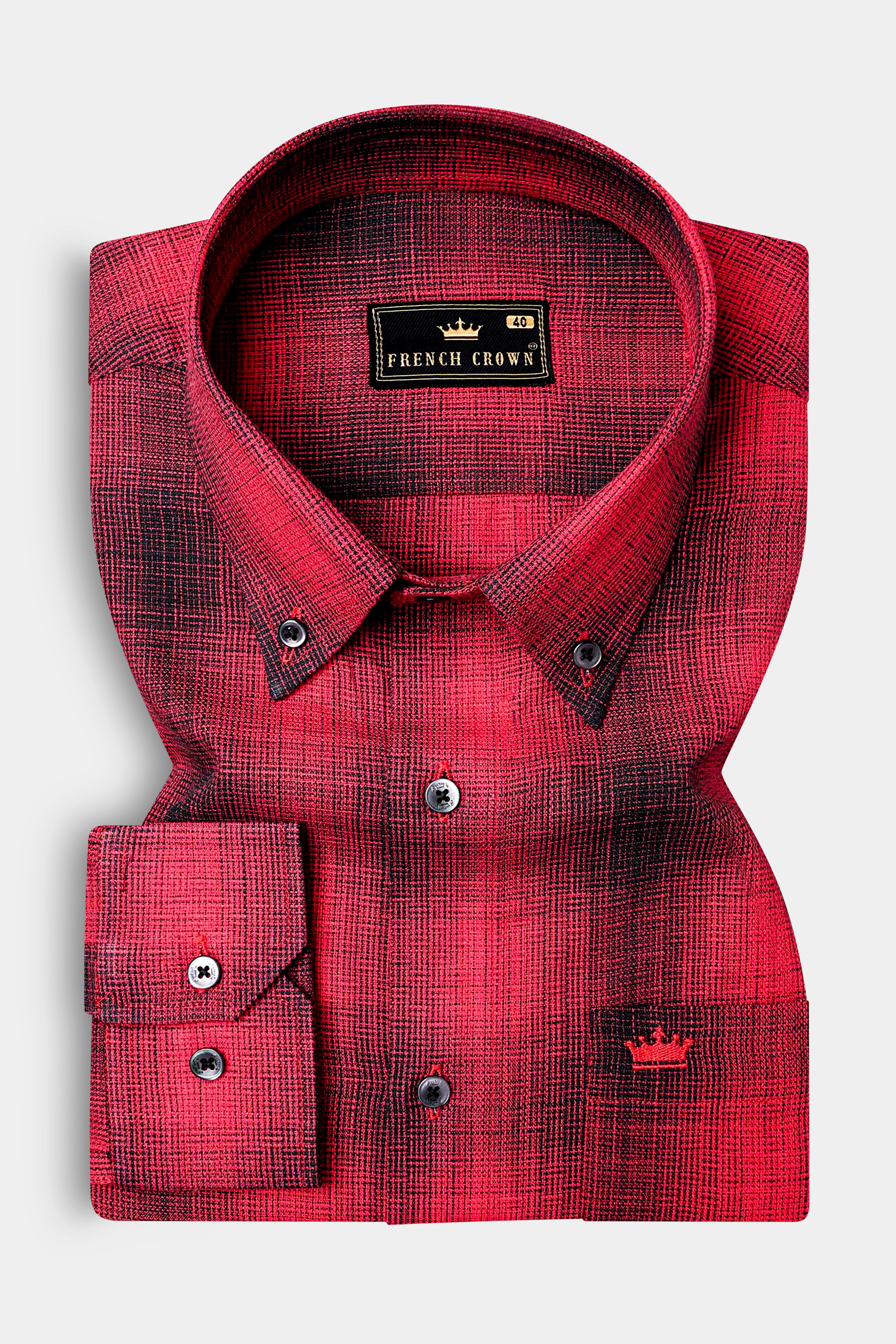 Pale Carmine Red and Jade Black Plaid Dobby Textured Premium Giza Cotton Shirt