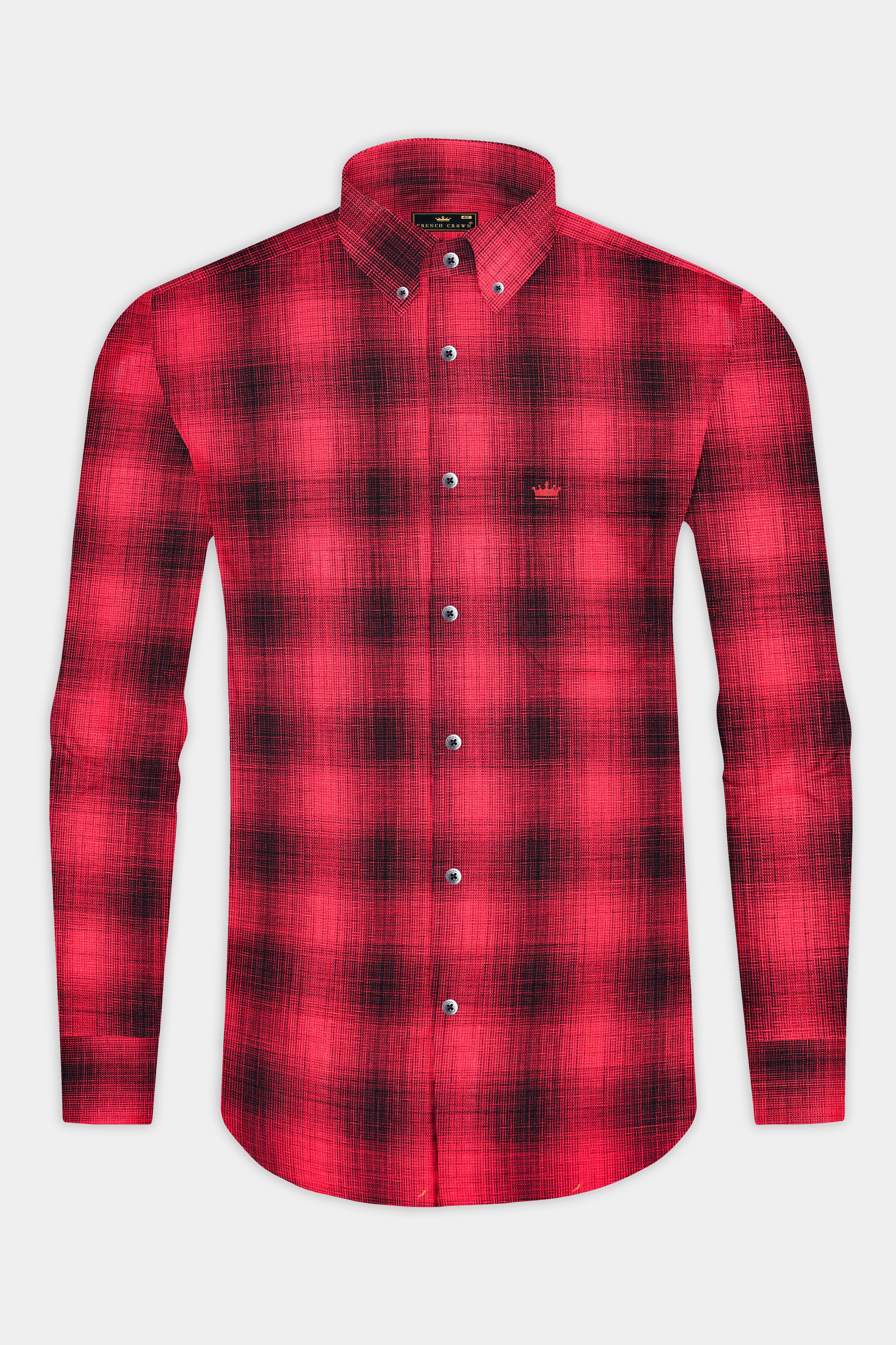 Pale Carmine Red and Jade Black Plaid Dobby Textured Premium Giza Cotton Shirt