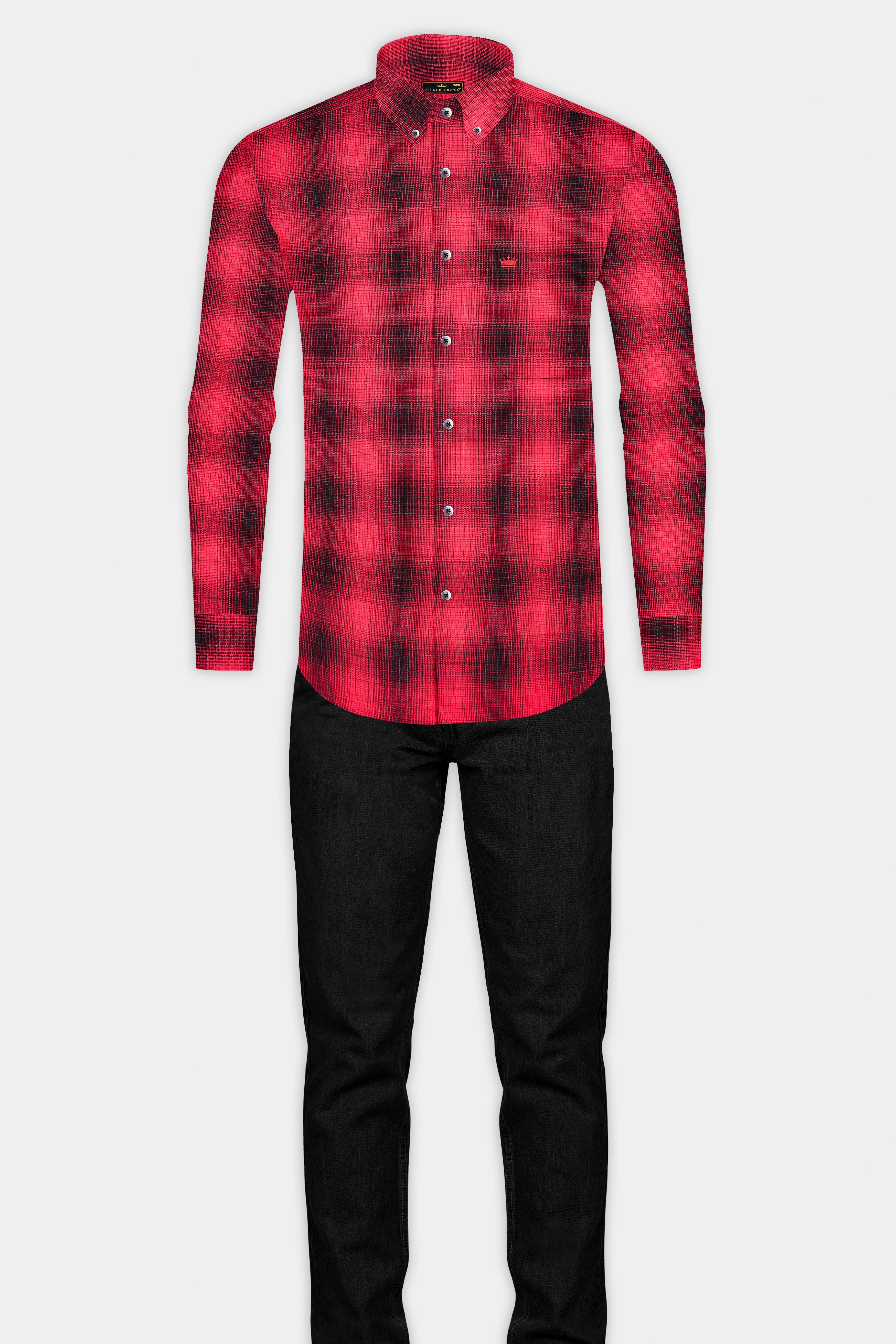 Pale Carmine Red and Jade Black Plaid Dobby Textured Premium Giza Cotton Shirt