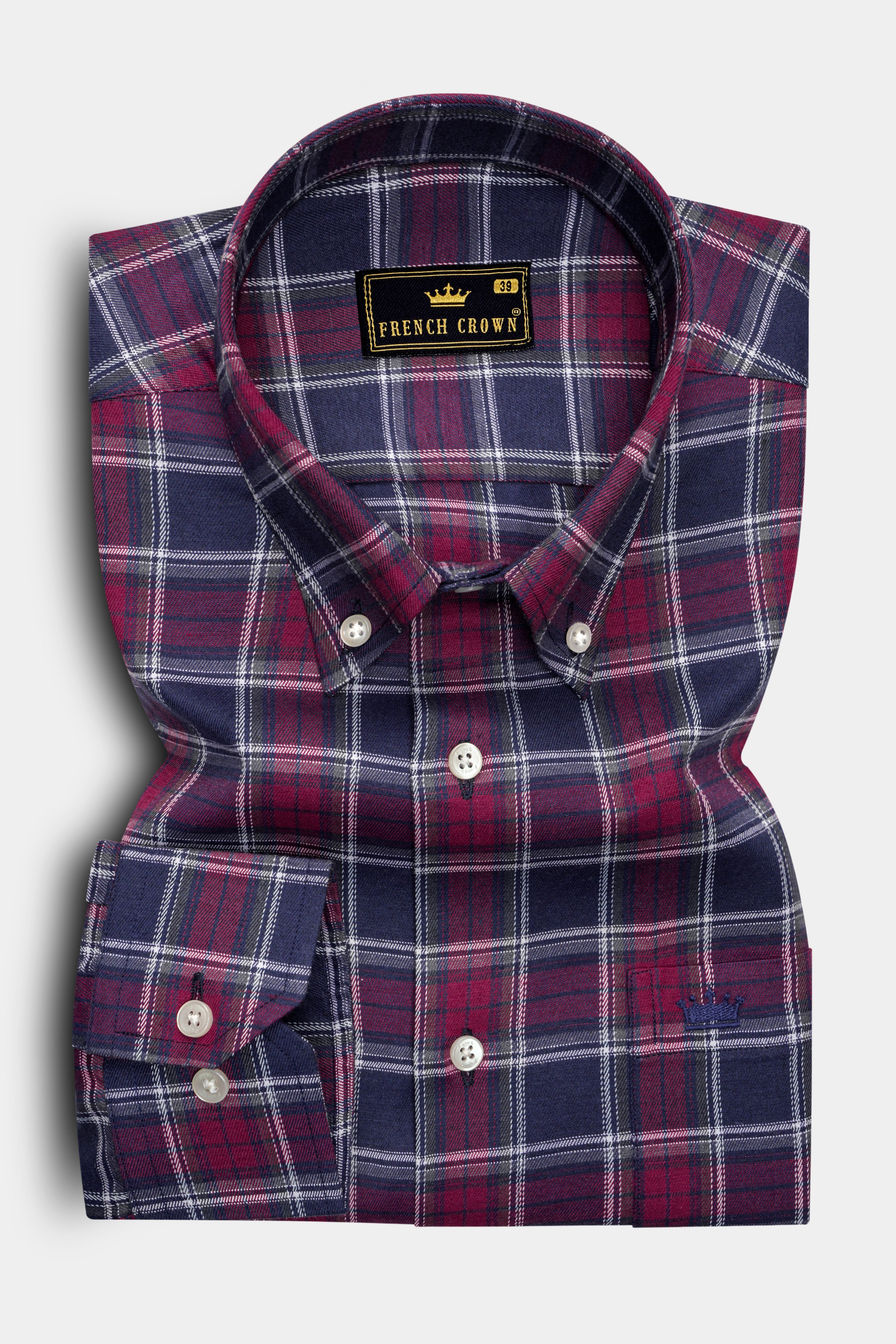 Gunmetal Blue and Claret Red Twill Plaid Premium Cotton Shirt