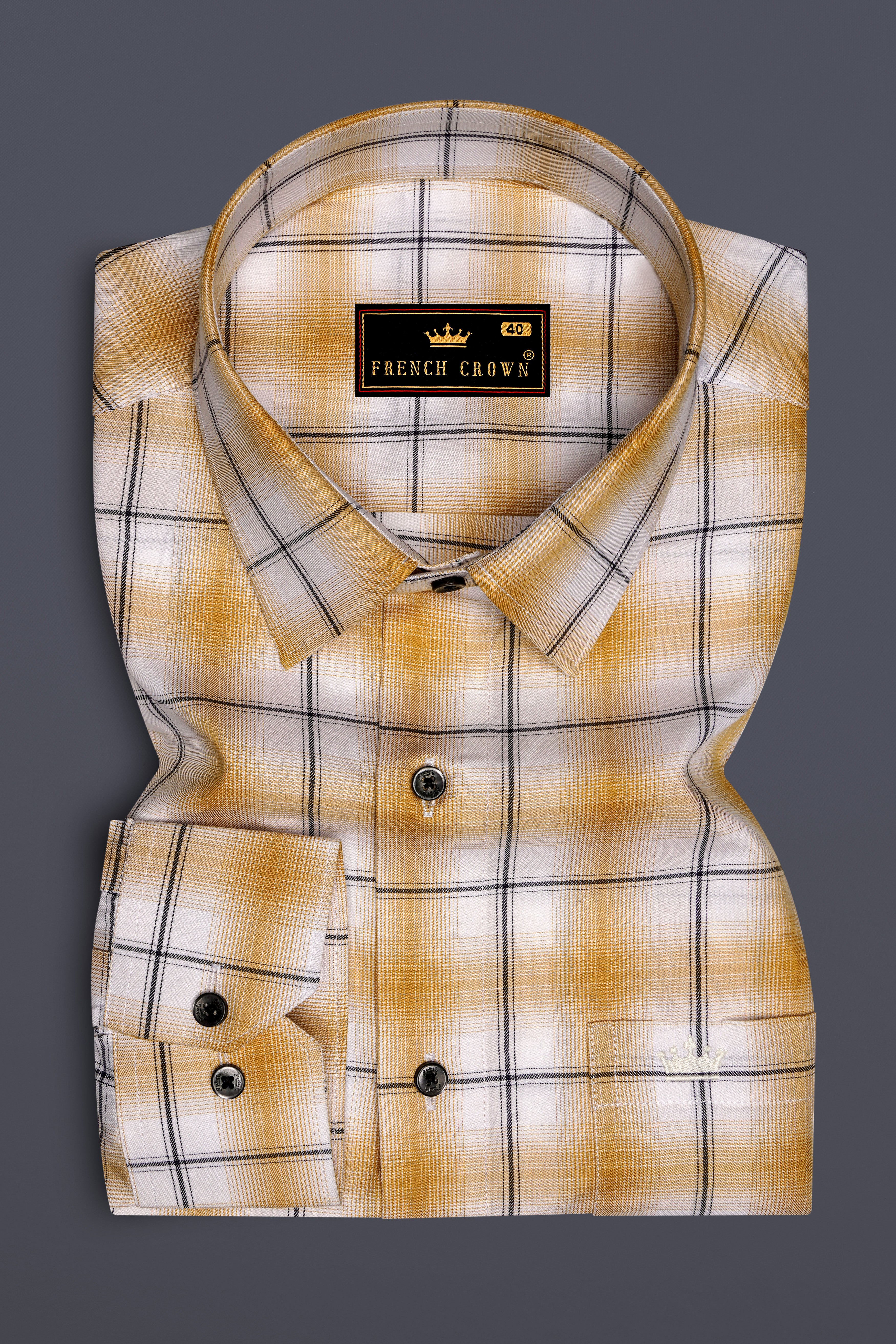 Desert Brown and White Twill Windowpane Premium Cotton Shirt