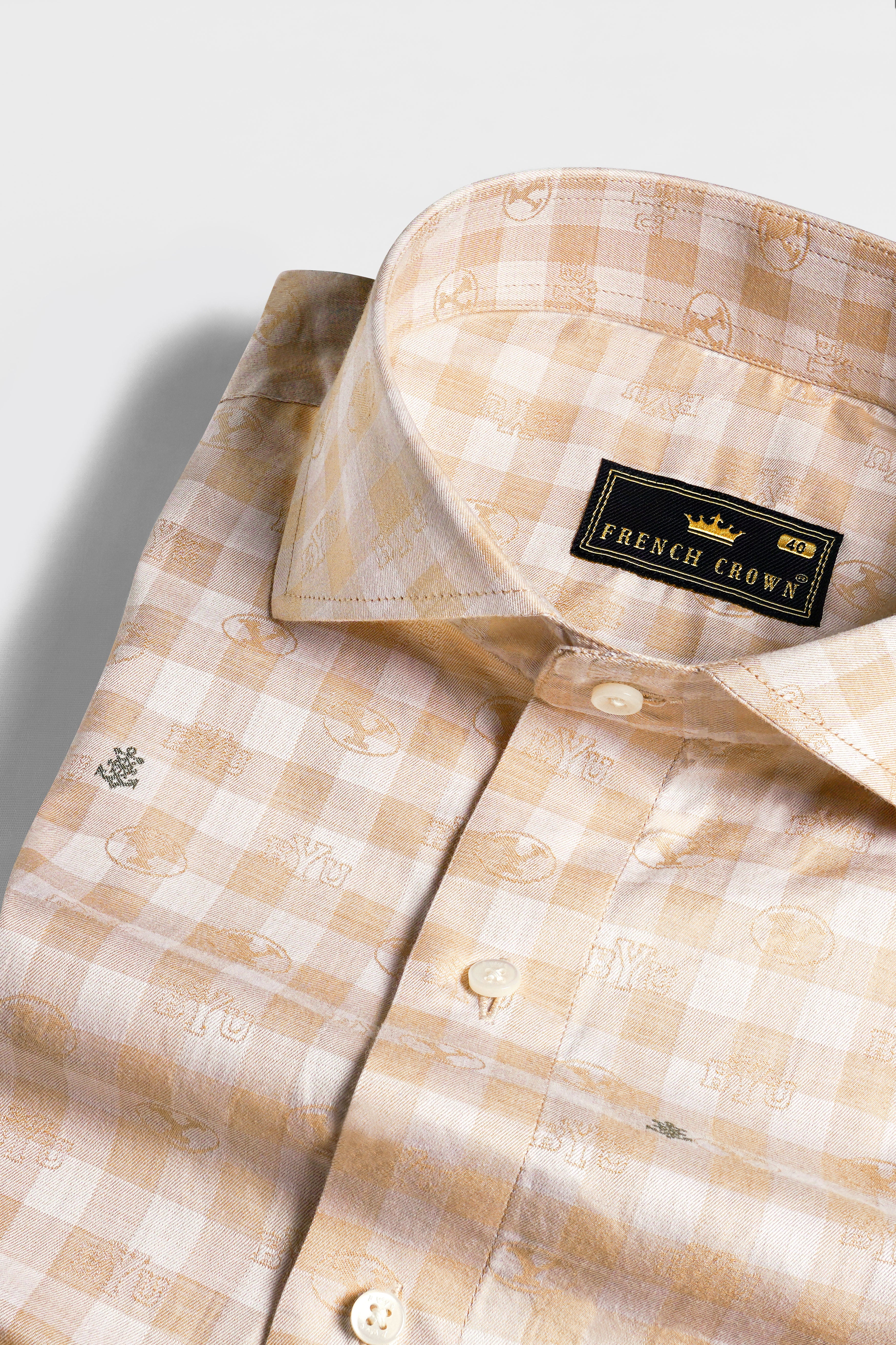 Chamois Peach and White Checkered Jacquard Textured Premium Giza Cotton Shirt