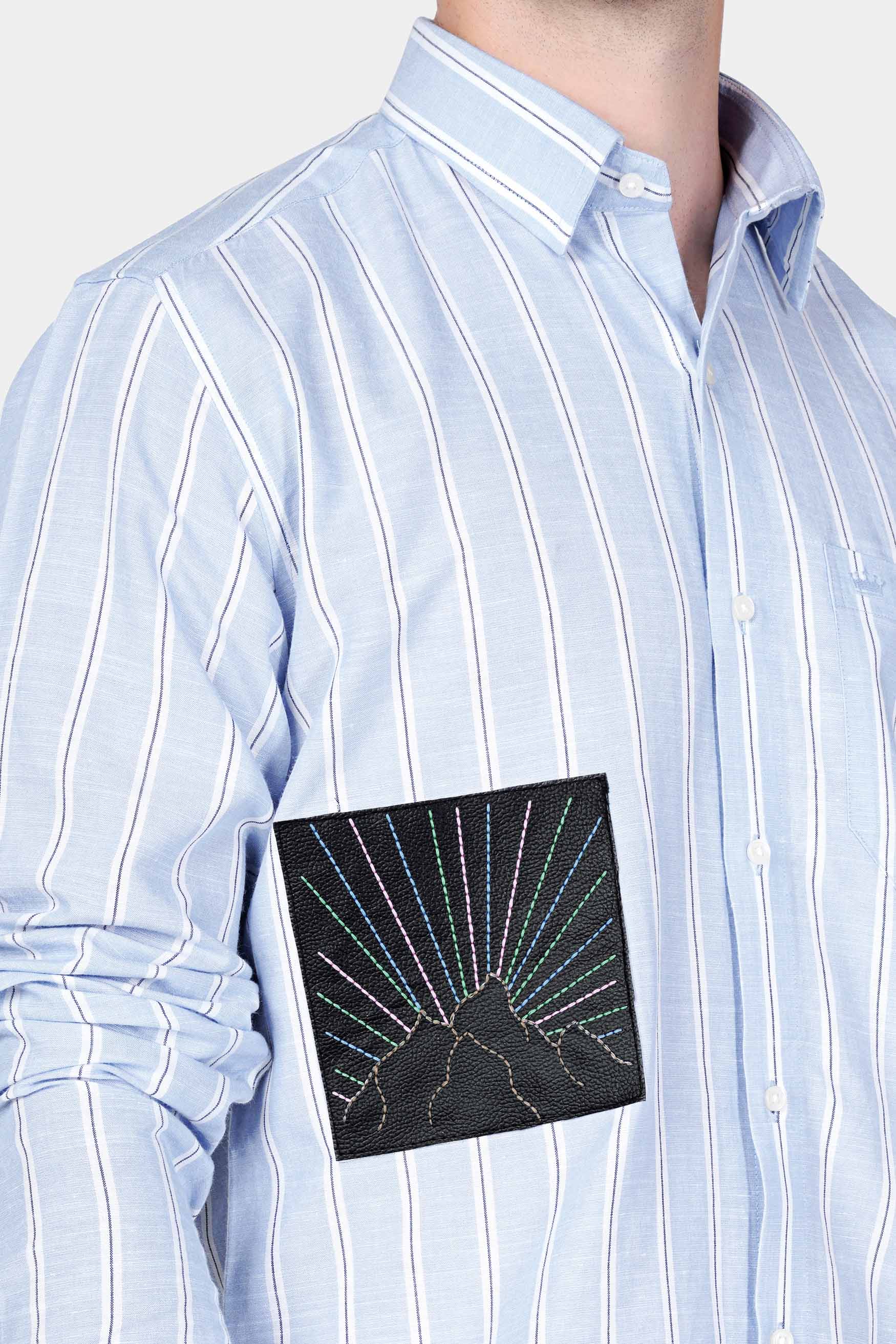 Periwinkle Blue and Bright White Striped with Patchwork Twill Premium Cotton Designer Shirt 7572-E290-38, 7572-E290-H-38, 7572-E290-39, 7572-E290-H-39, 7572-E290-40, 7572-E290-H-40, 7572-E290-42, 7572-E290-H-42, 7572-E290-44, 7572-E290-H-44, 7572-E290-46, 7572-E290-H-46, 7572-E290-48, 7572-E290-H-48, 7572-E290-50, 7572-E290-H-50, 7572-E290-52, 7572-E290-H-52