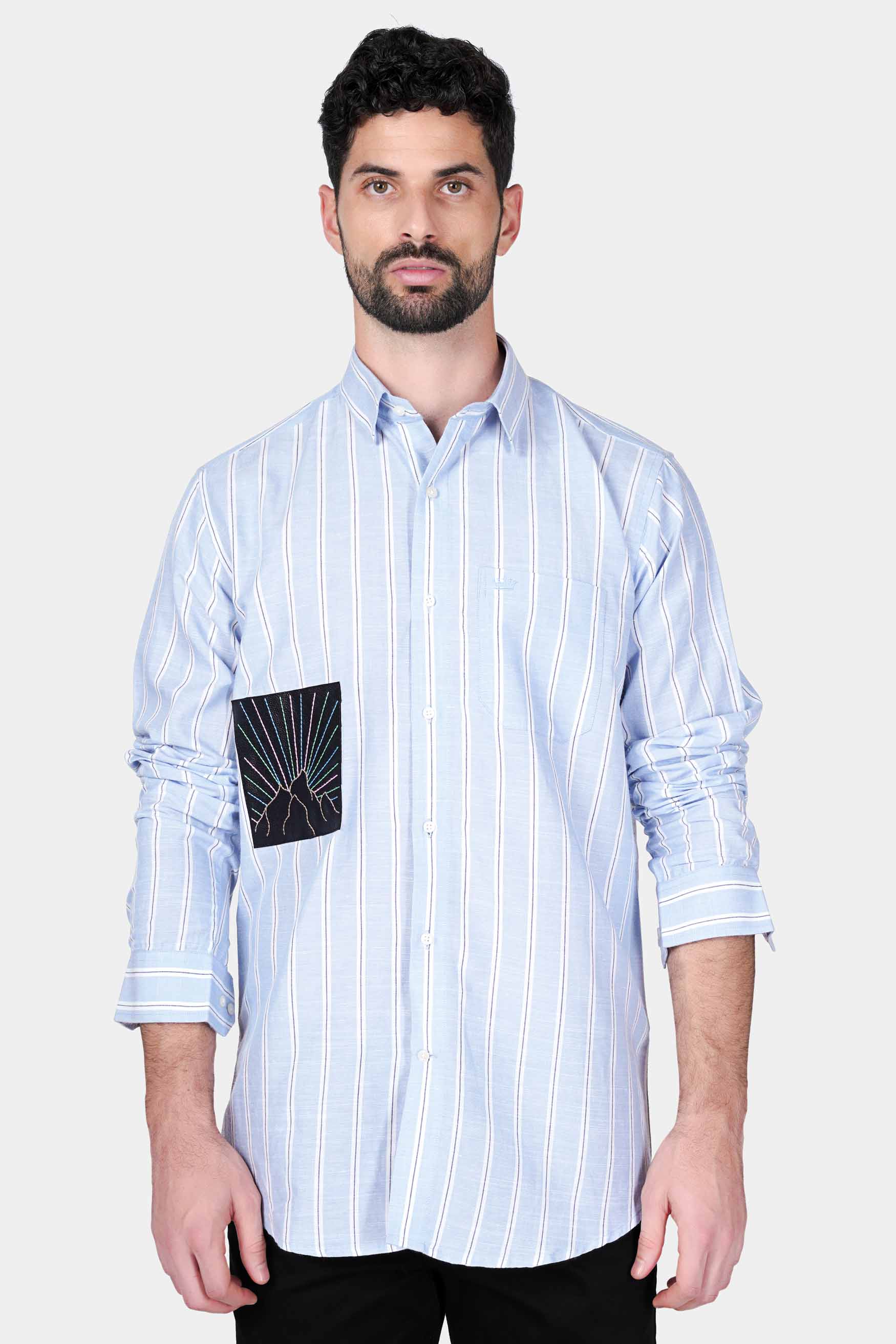 Periwinkle Blue and Bright White Striped with Patchwork Twill Premium Cotton Designer Shirt 7572-E290-38, 7572-E290-H-38, 7572-E290-39, 7572-E290-H-39, 7572-E290-40, 7572-E290-H-40, 7572-E290-42, 7572-E290-H-42, 7572-E290-44, 7572-E290-H-44, 7572-E290-46, 7572-E290-H-46, 7572-E290-48, 7572-E290-H-48, 7572-E290-50, 7572-E290-H-50, 7572-E290-52, 7572-E290-H-52