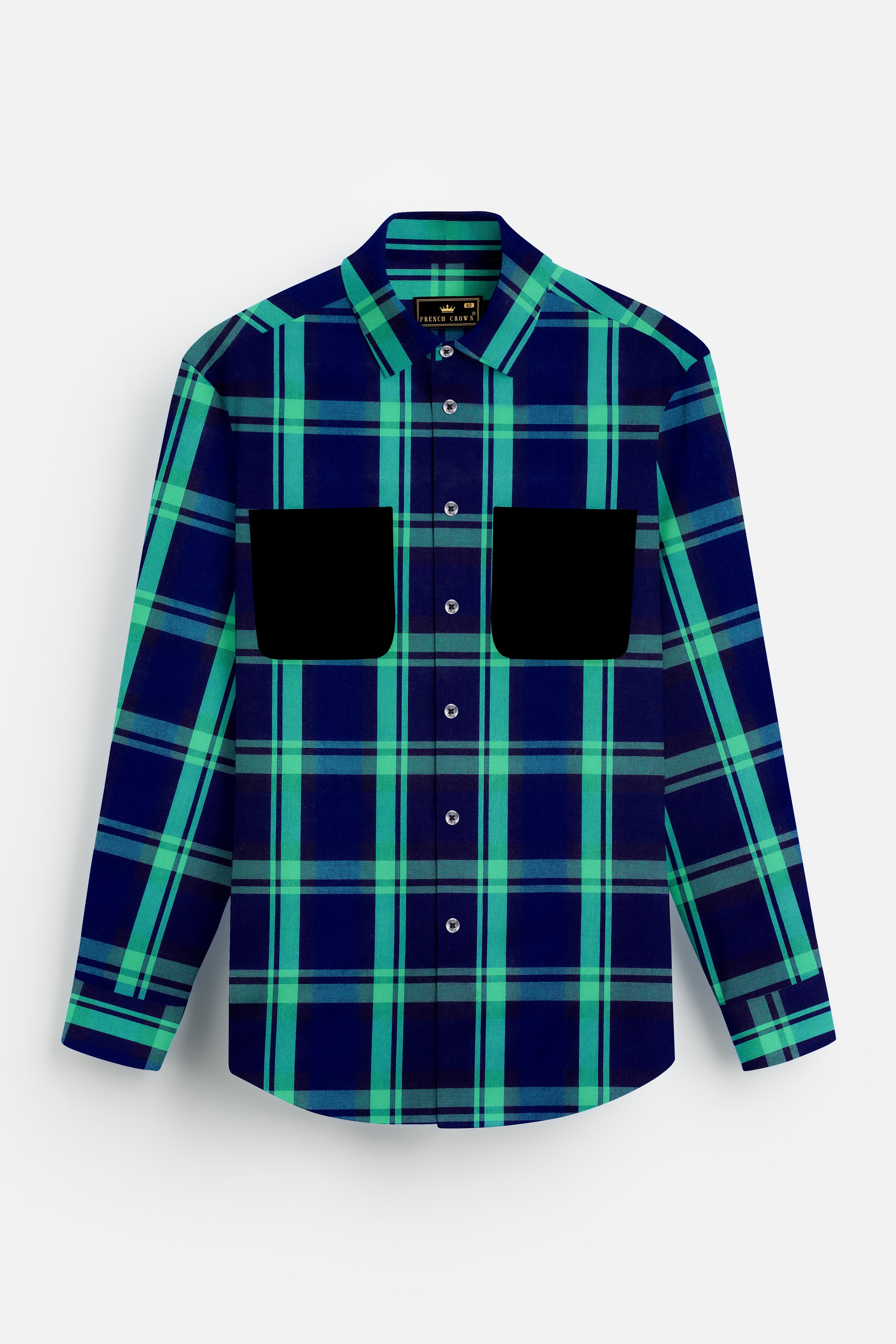 Gunmetal Blue with Viridian Green Plaid Premium Cotton Designer Shirt