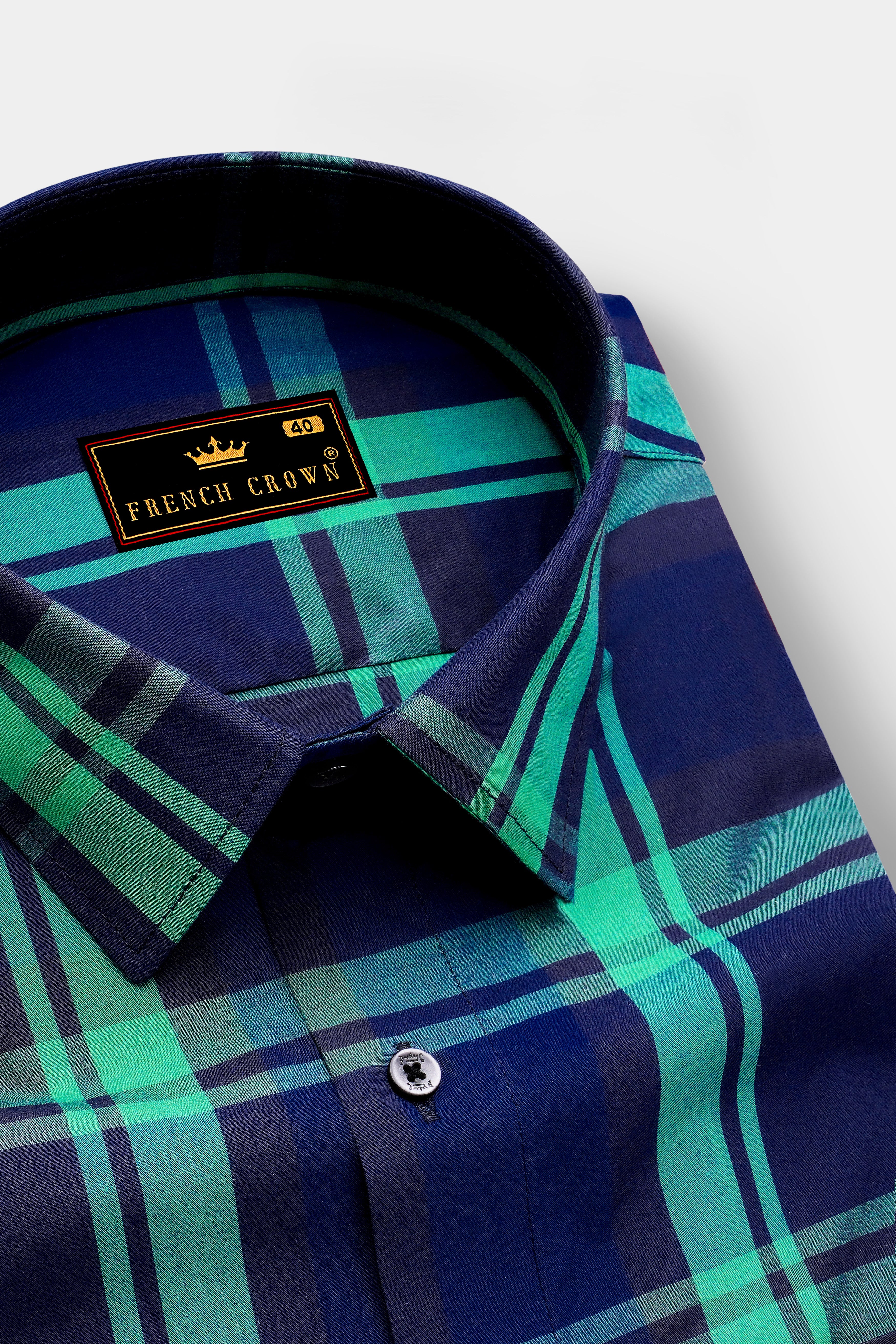 Gunmetal Blue with Viridian Green Plaid Premium Cotton Designer Shirt