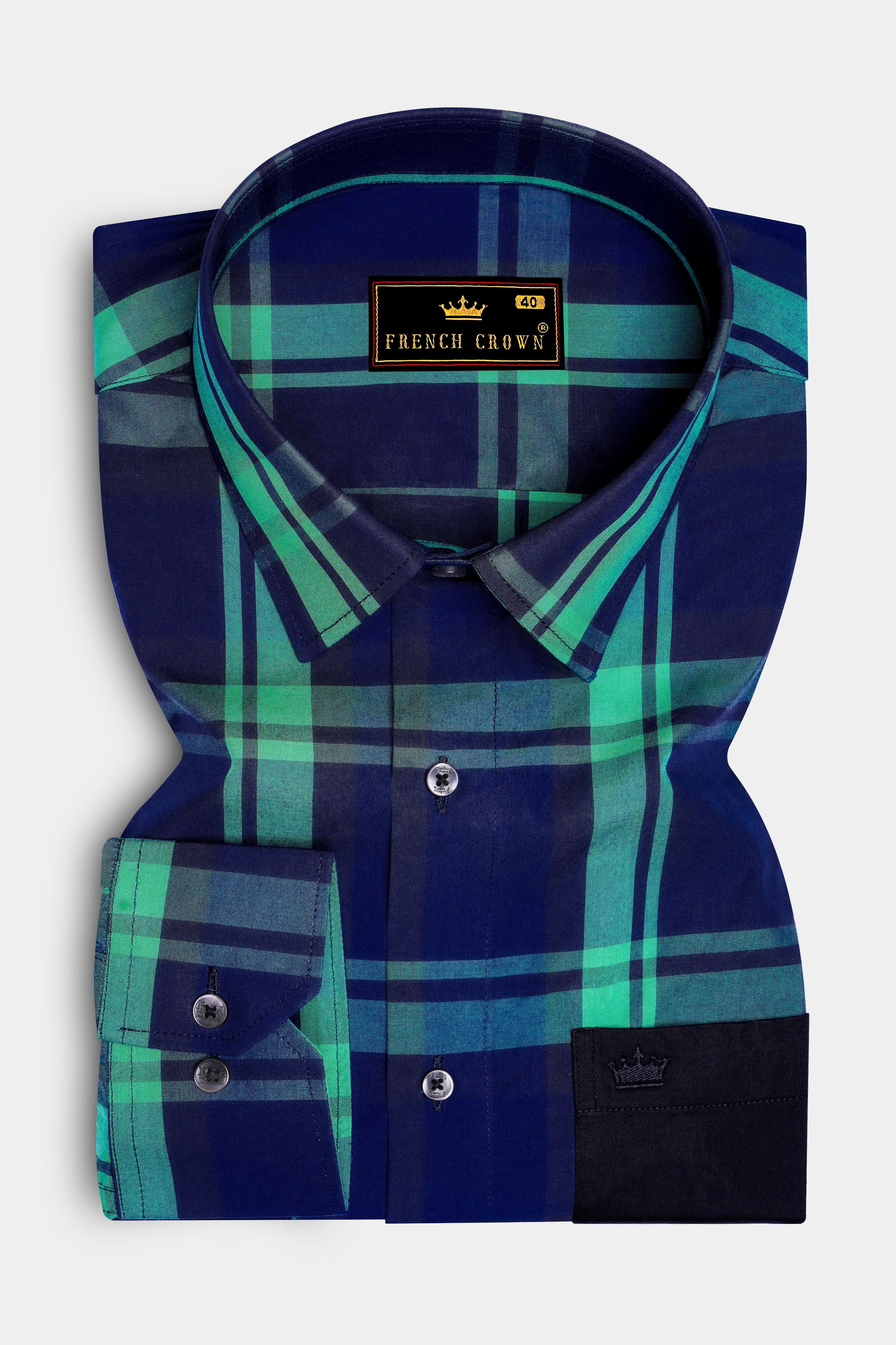 Gunmetal Blue with Viridian Green Plaid Premium Cotton Designer Shirt