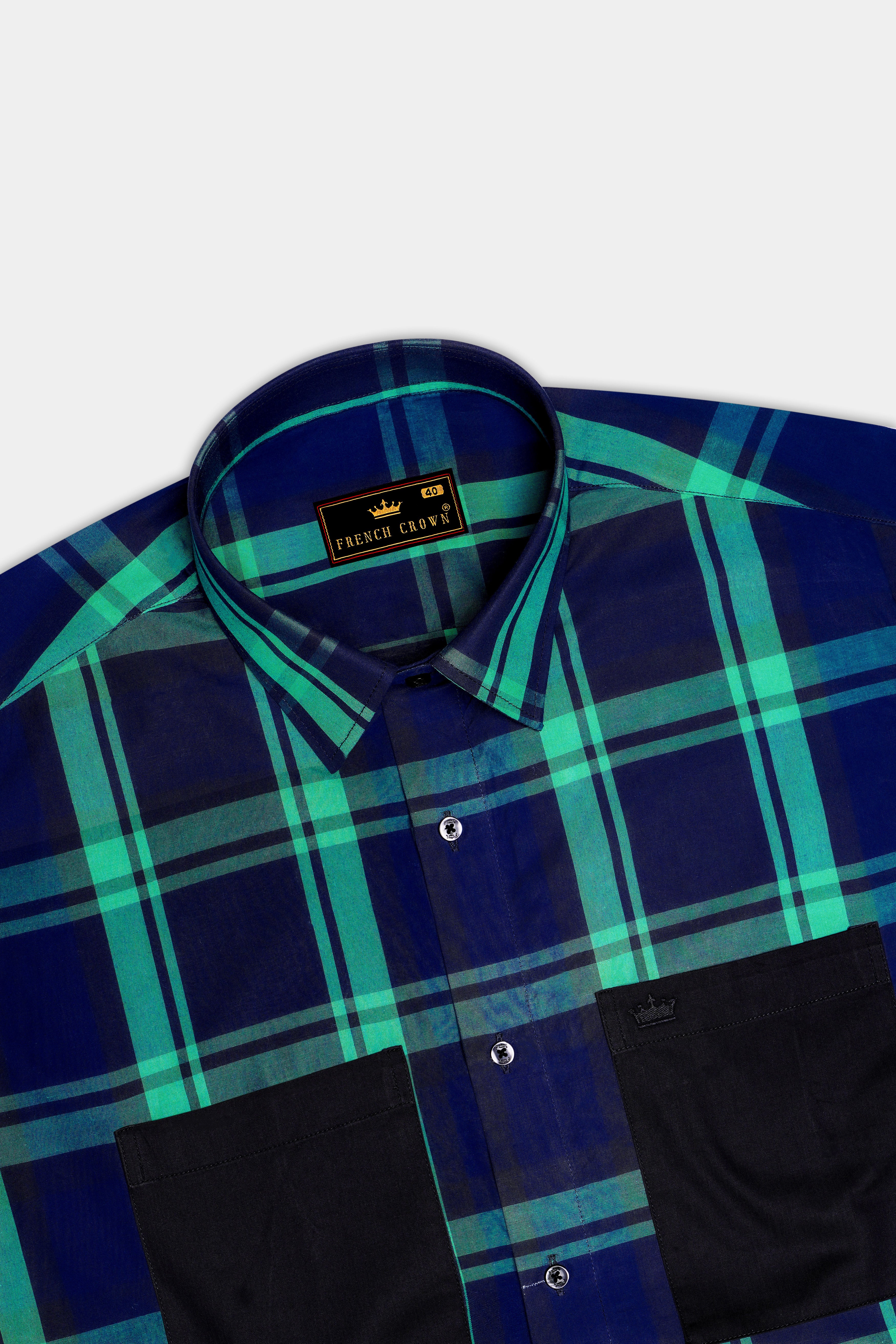 Gunmetal Blue with Viridian Green Plaid Premium Cotton Designer Shirt