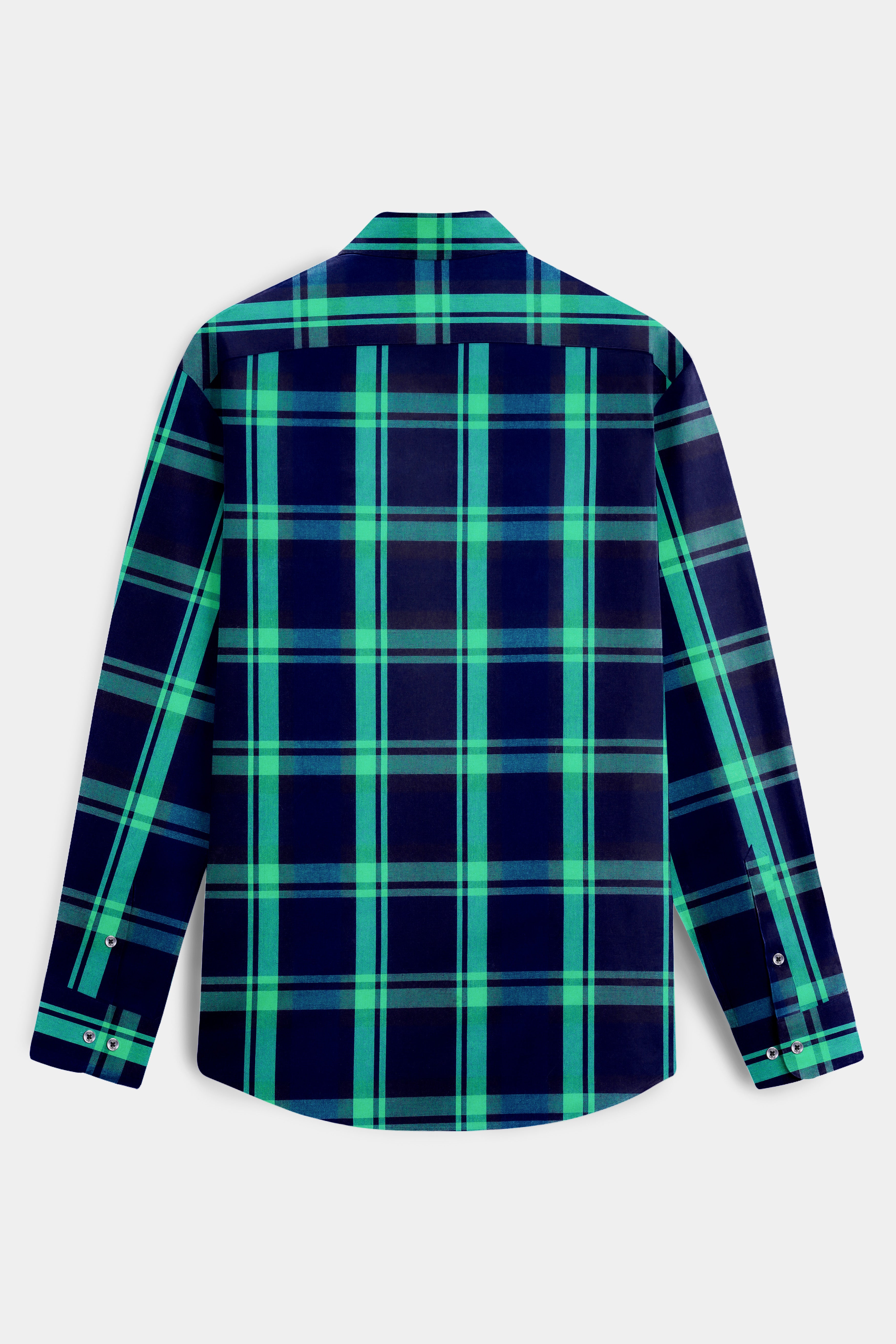 Gunmetal Blue with Viridian Green Plaid Premium Cotton Designer Shirt