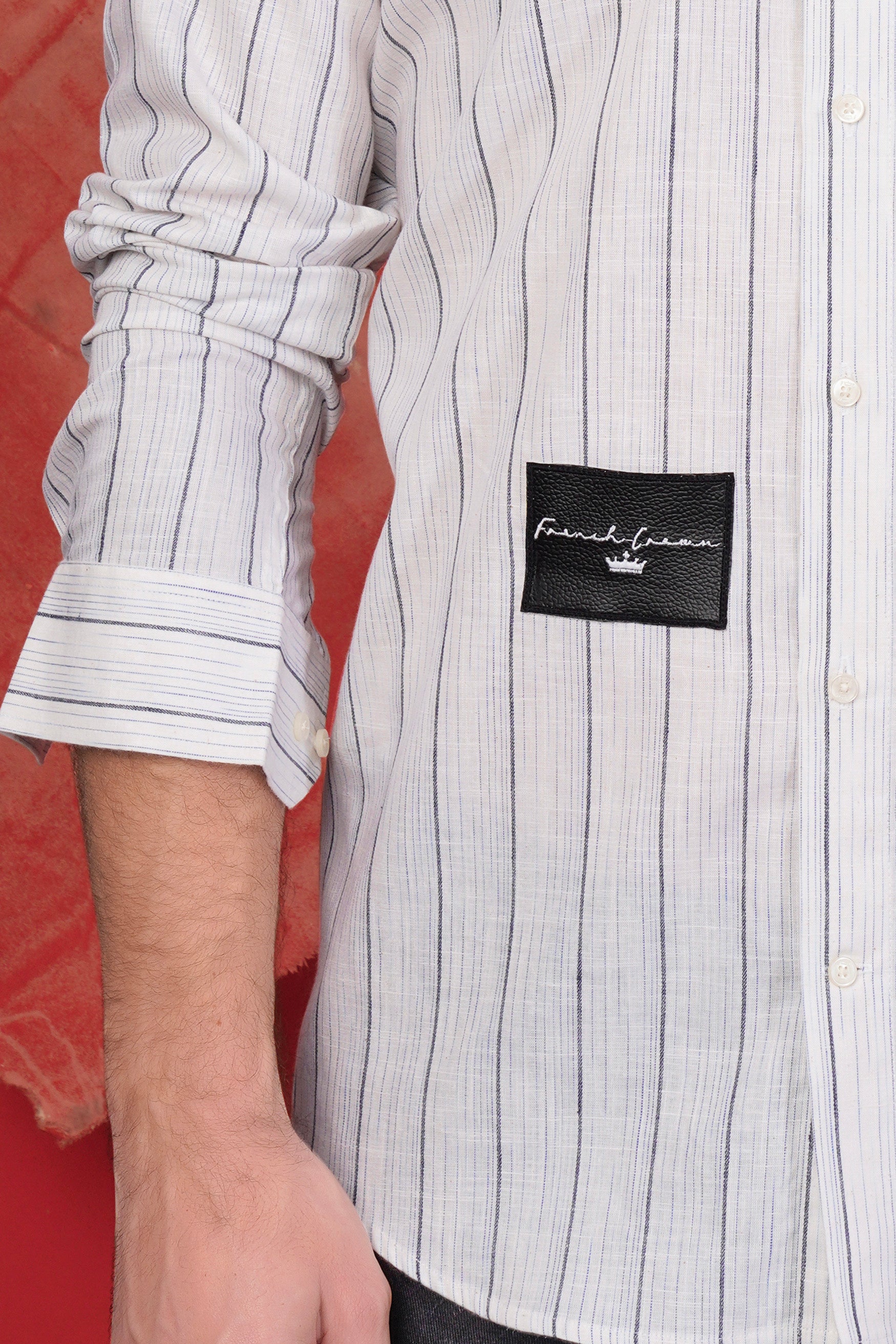Bright White with Manatee Purple Striped and Black French Crown Patchwork Premium Tencel Designer Shirt