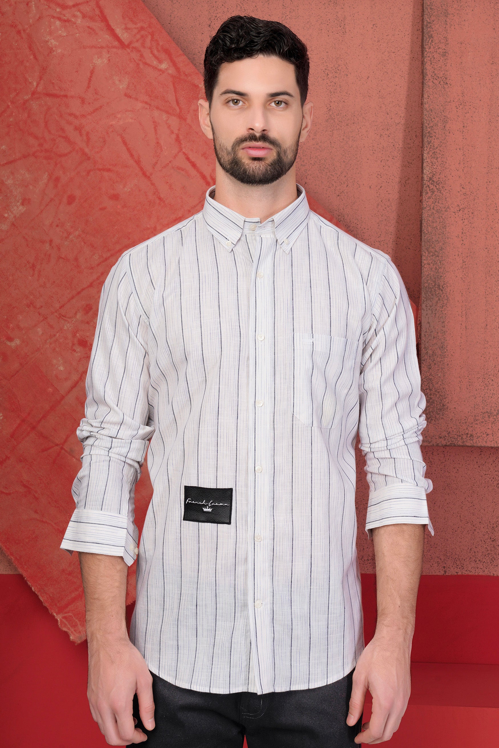 Bright White with Manatee Purple Striped and Black French Crown Patchwork Premium Tencel Designer Shirt