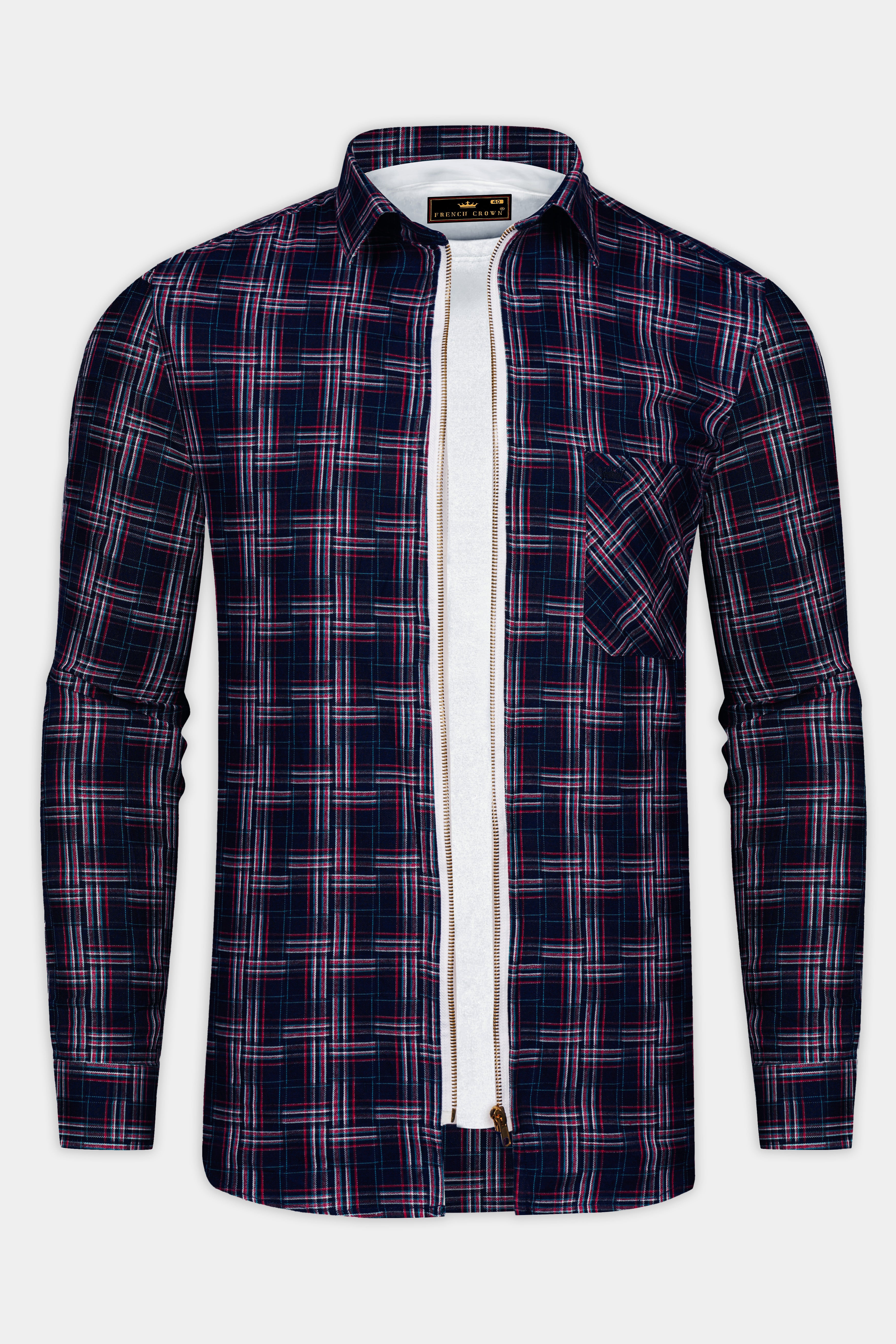 Martinique Blue Plaid Dobby Textured Premium Giza Cotton Zipper Overshirt/Shacket