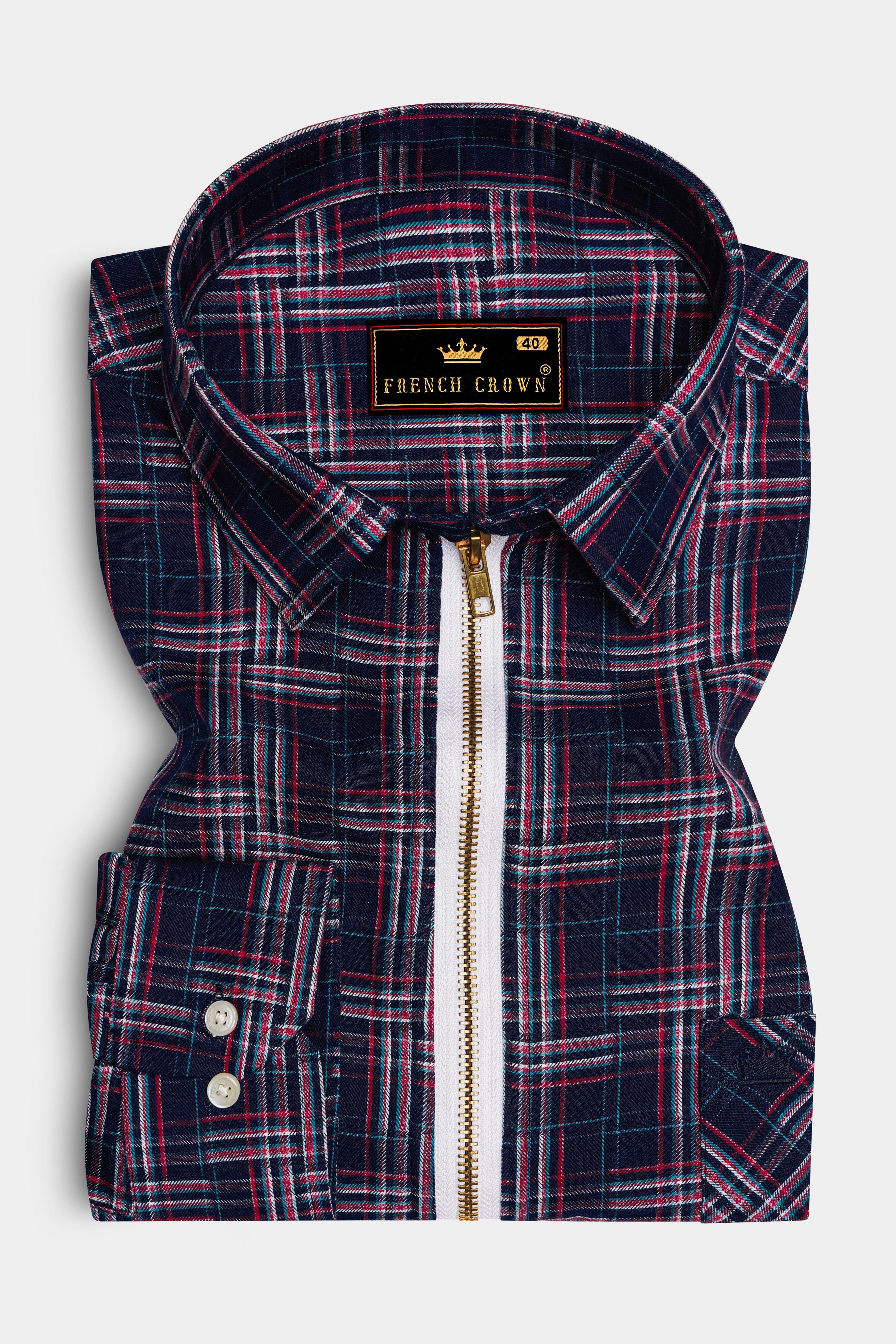 Martinique Blue Plaid Dobby Textured Premium Giza Cotton Zipper Overshirt/Shacket