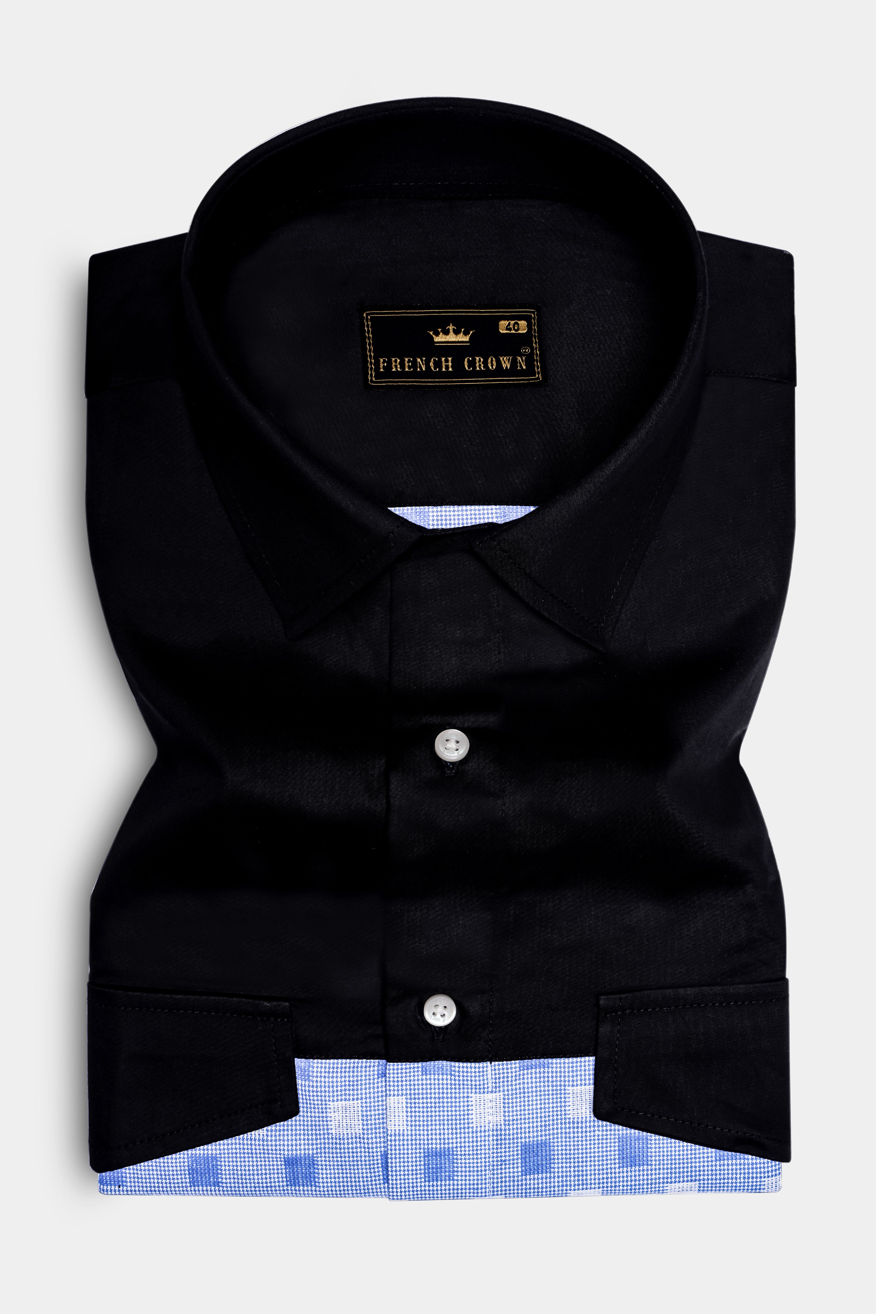 Glaucous Blue and Black Dobby Textured Premium Giza Cotton Designer Shirt