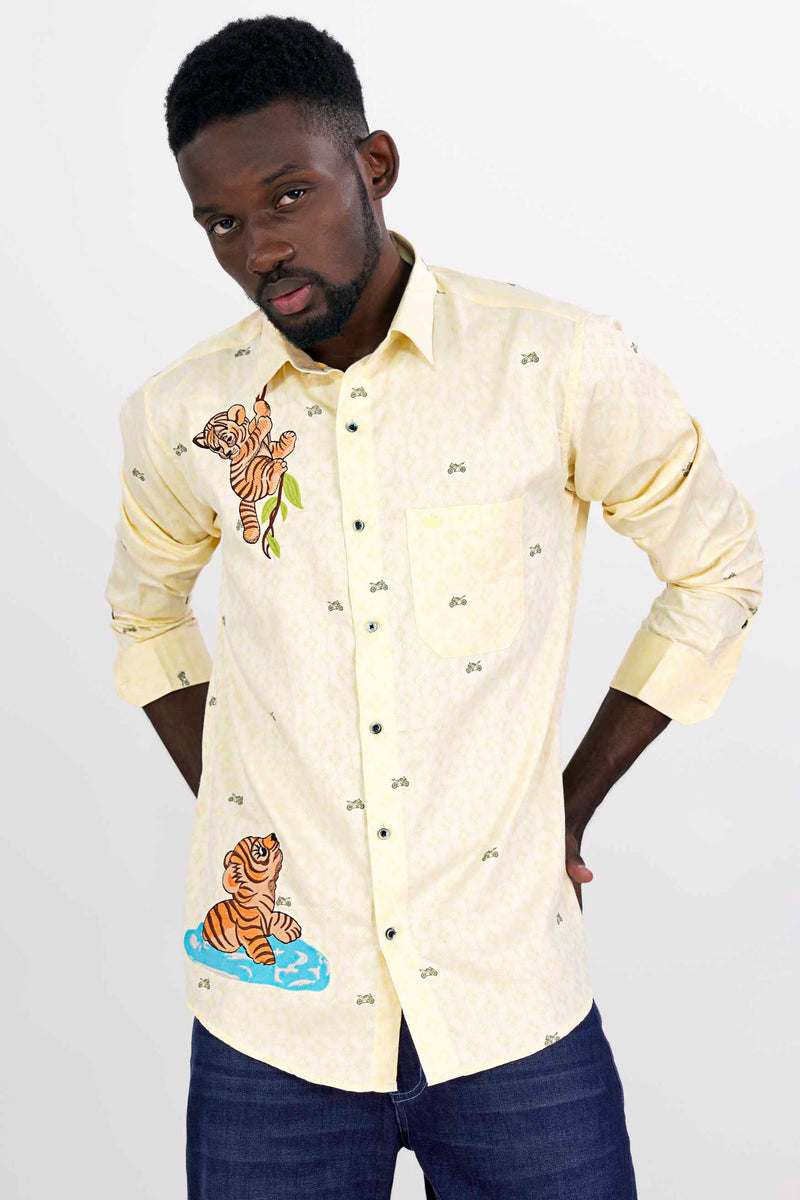 Oasis Cream and Cubs Patchwork Jacquard Textured Premium Giza Cotton Designer Shirt