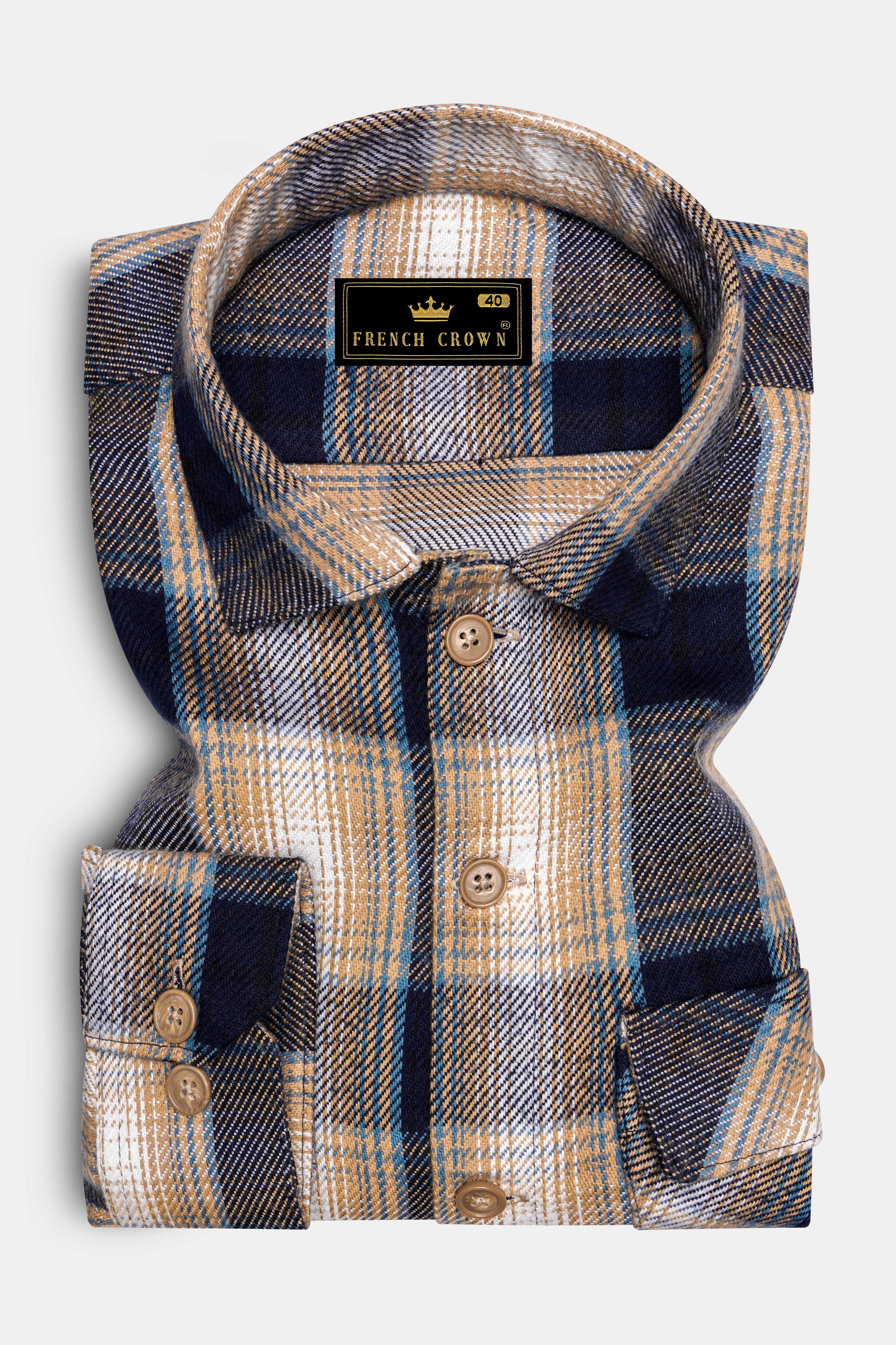 Ebony Clay Blue and Sandrift Brown Plaid Flannel Designer Overhirt/Shacket