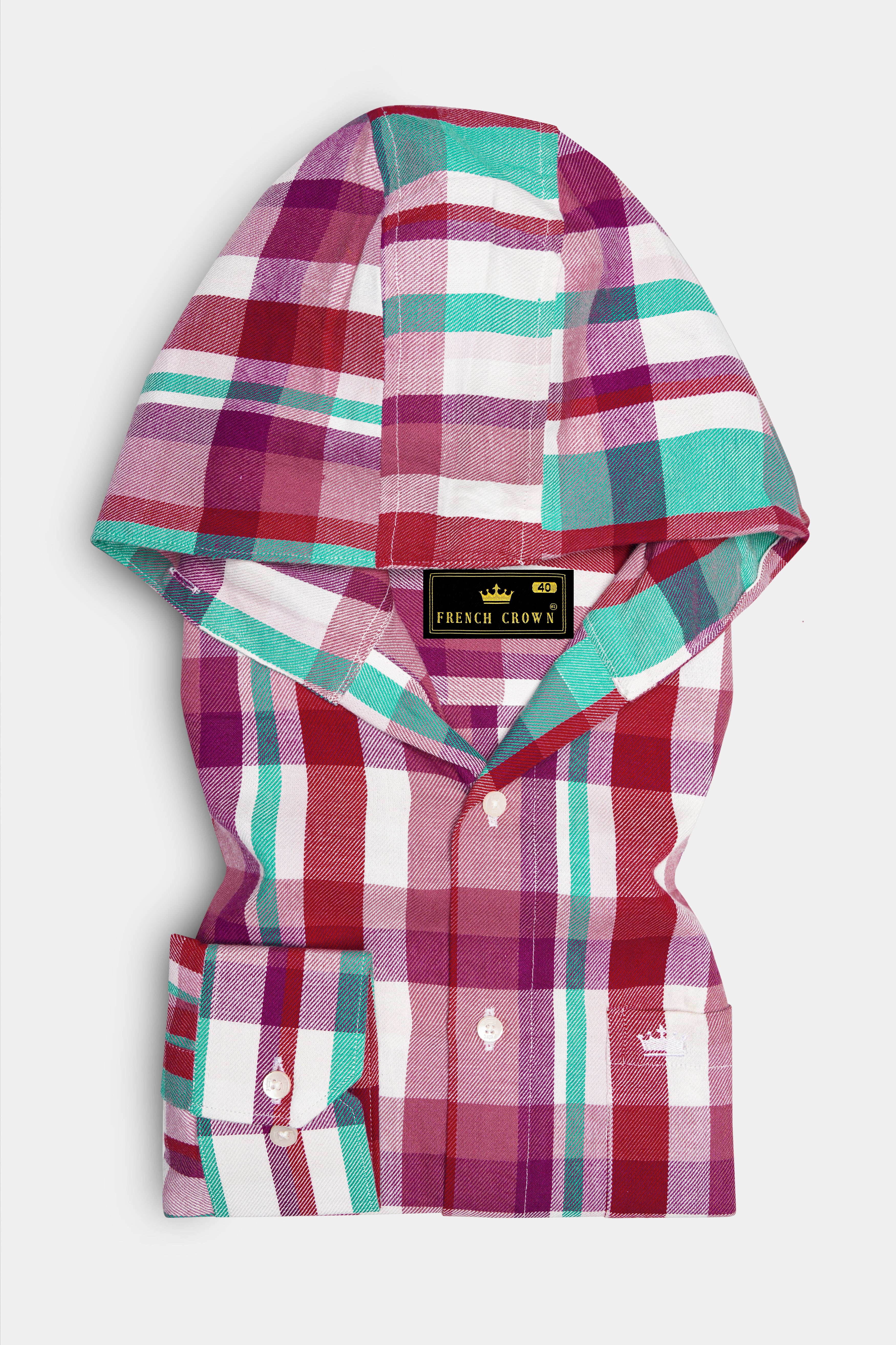 Bright White and Jasper Pink Plaid Twill Premium Cotton Hoodie Shirt