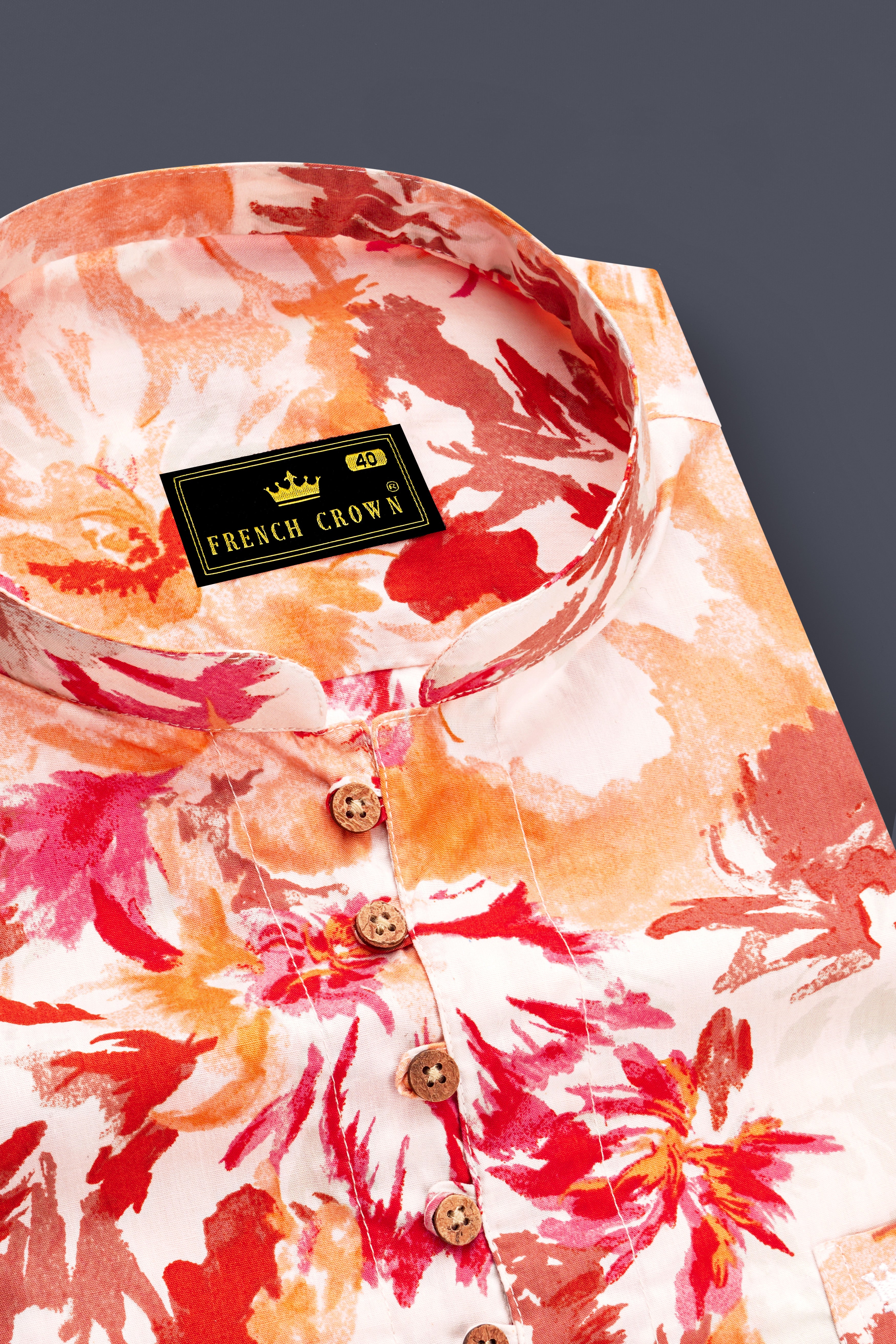 Bright White and Valencia Red Floral Printed Premium Cotton Kurta Shirt