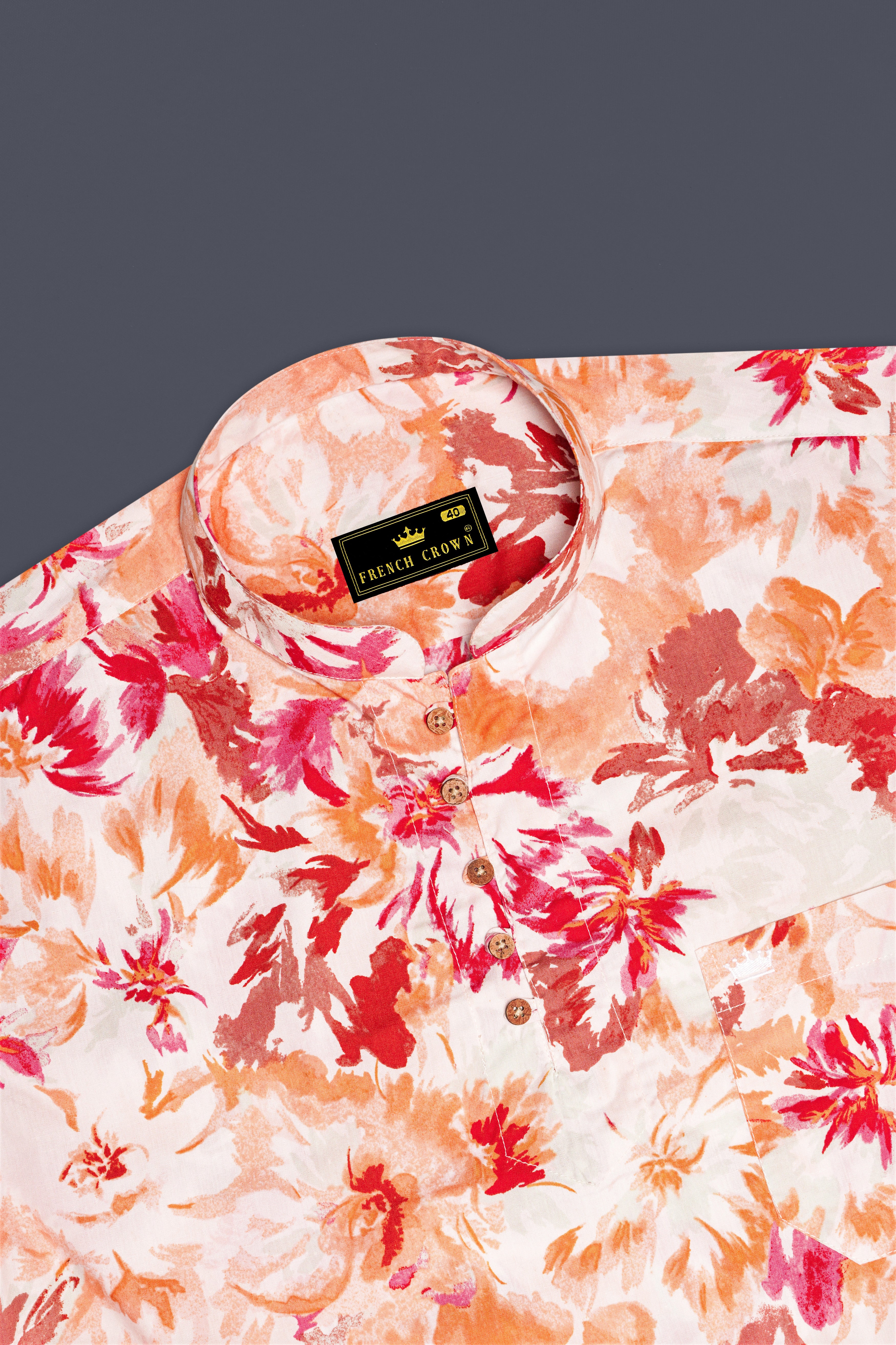 Bright White and Valencia Red Floral Printed Premium Cotton Kurta Shirt