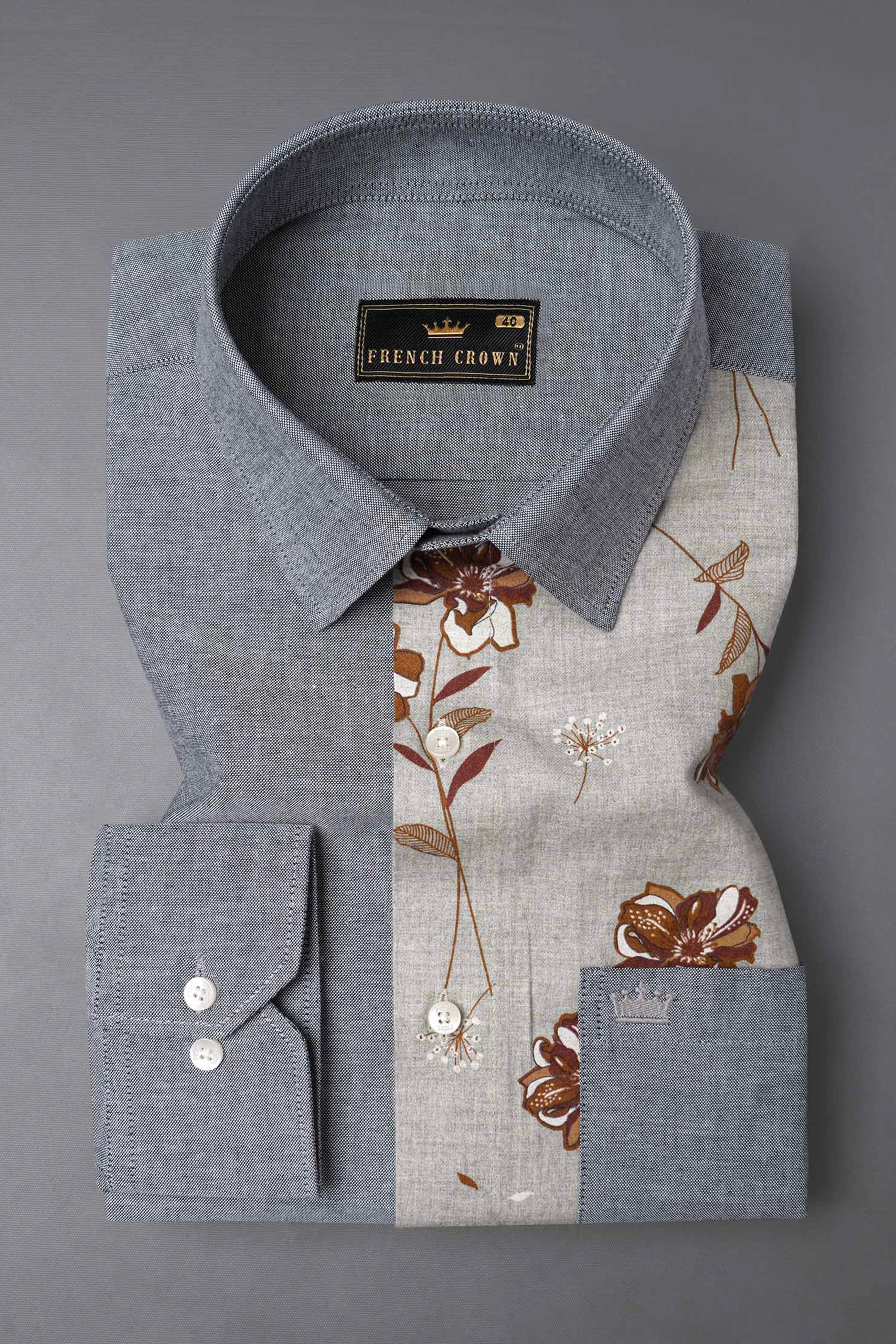 Spun Pearl Gray Floral Royal Oxford Designer Shirt