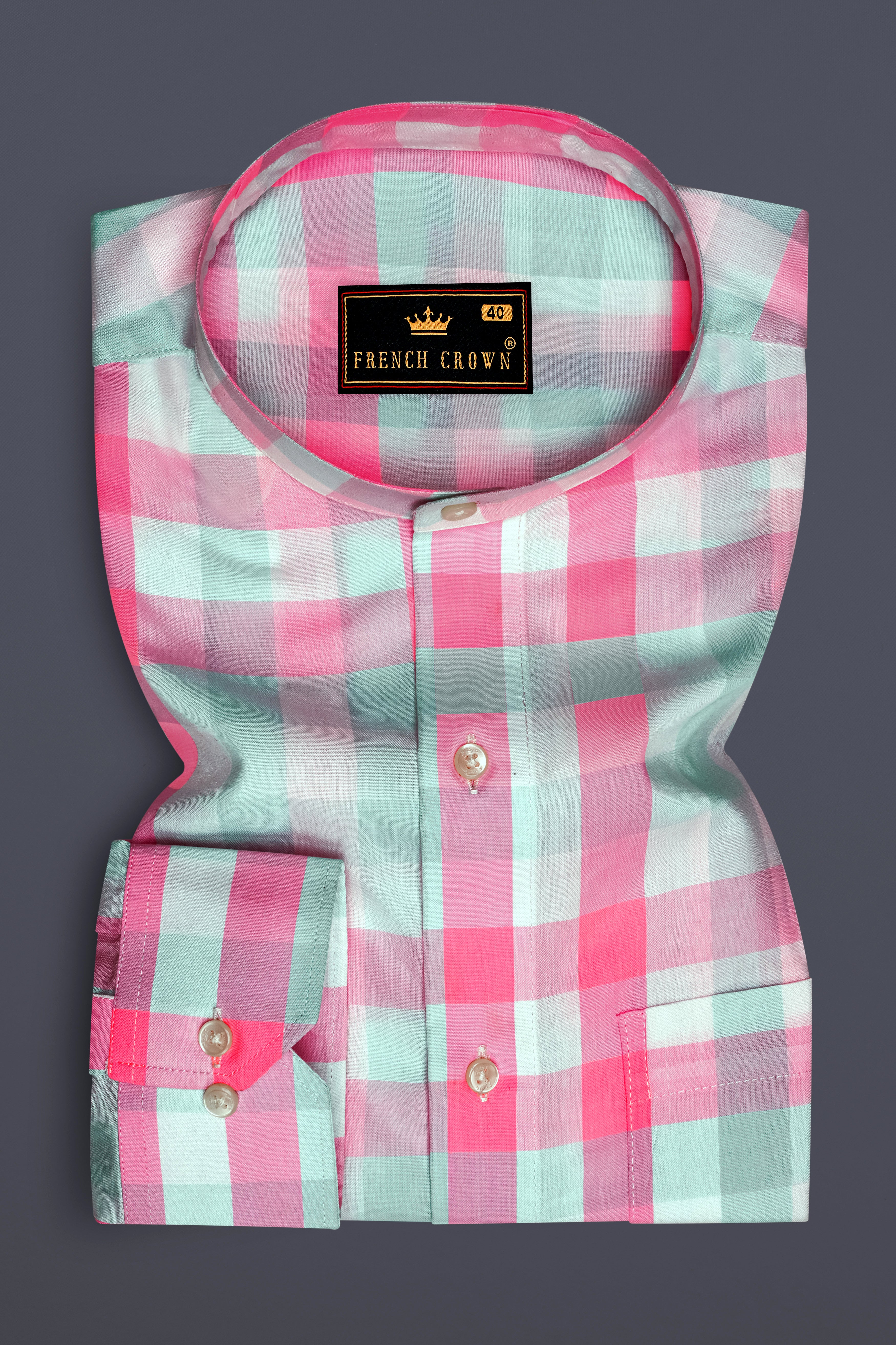 Cherry Blossom Pink and Onahau Sea Blue Plaid Premium Cotton Kurta Shirt