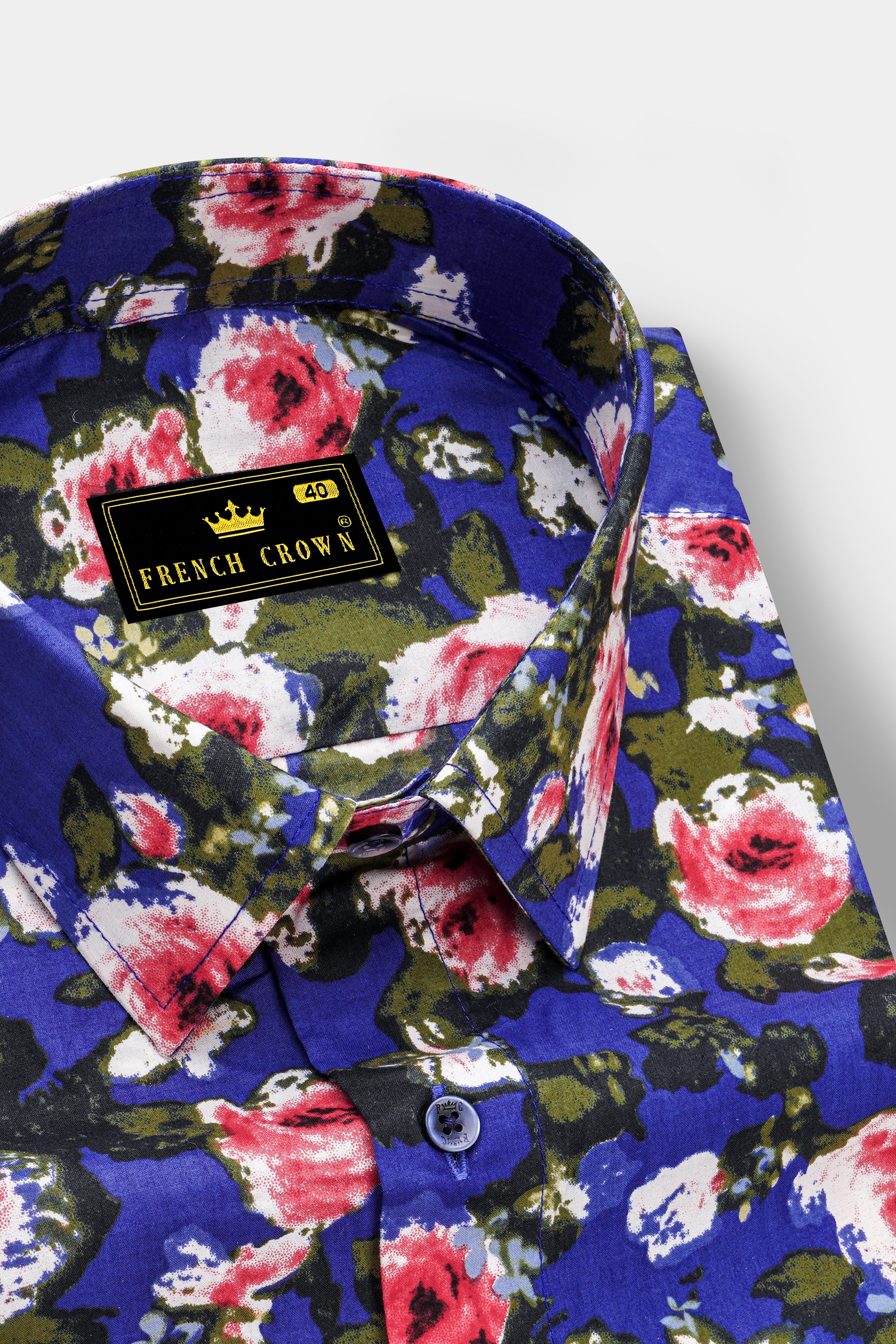Medium Slate Blue Floral Printed Premium Cotton Shirt
